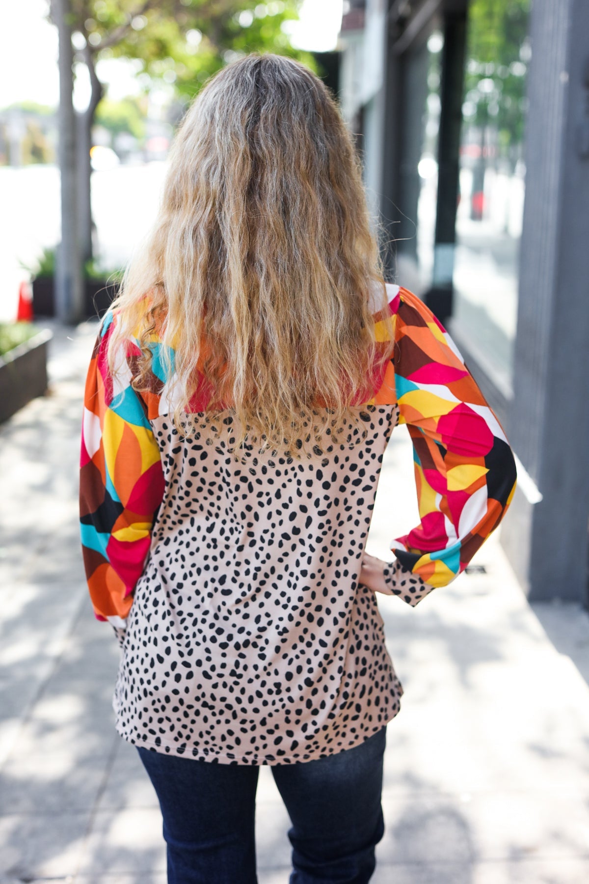 Rust & Khaki Geometric Animal Print Color Block Bubble Sleeve Top