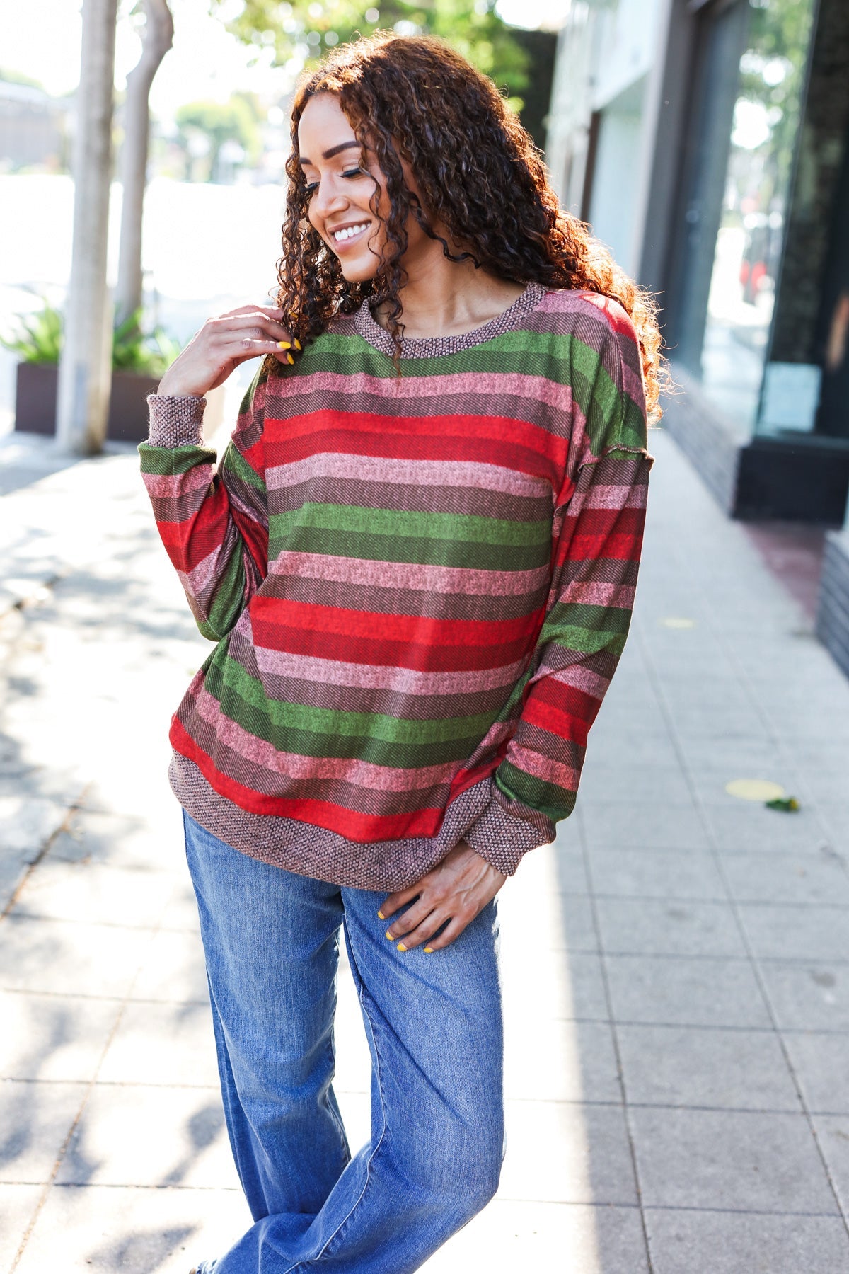 Perfectly You Olive & Mauve Stripe Two-Tone Banded Sweater Top