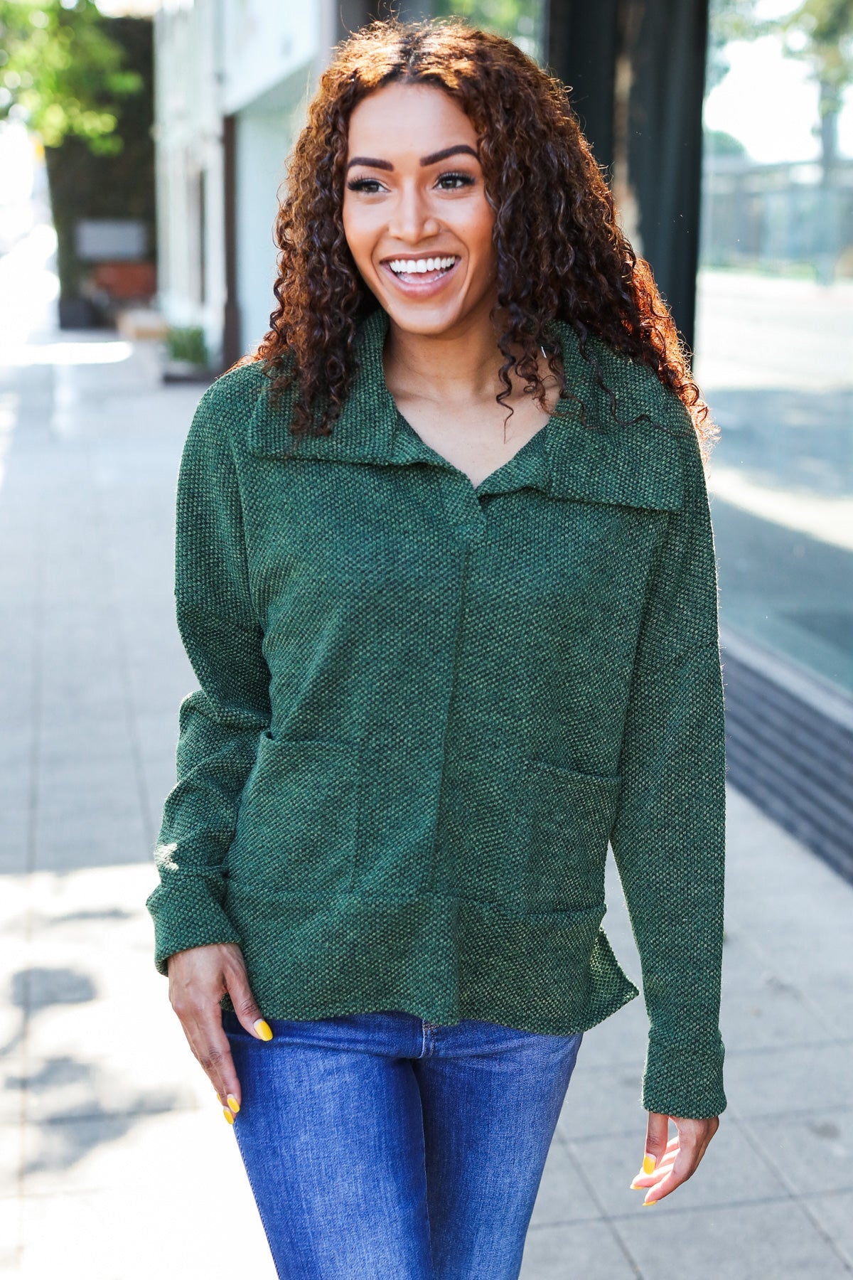 Easy Living Olive Textured Knit Notch Neck Oversized Collar Sweater