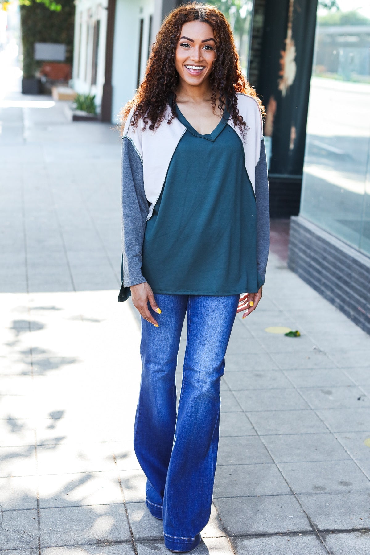 Stand Out Hunter Green V Neck Raglan Color Block Outseam Top