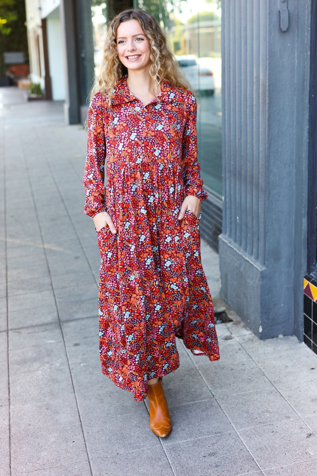 Casual Living Burgundy Floral Collared Fit & Flare Maxi Dress