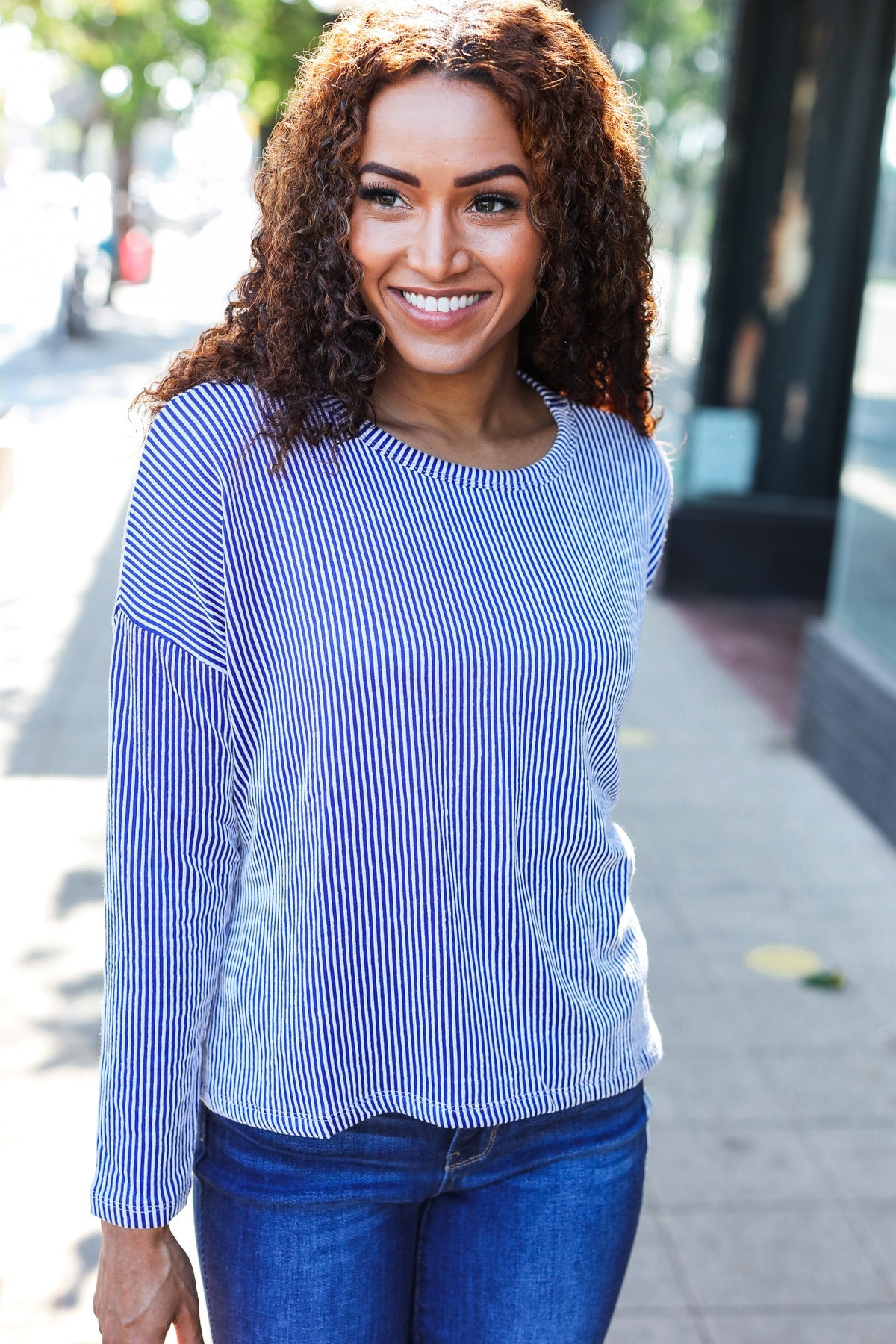 Hello Beautiful Blue Rib Dolman Sweater Top