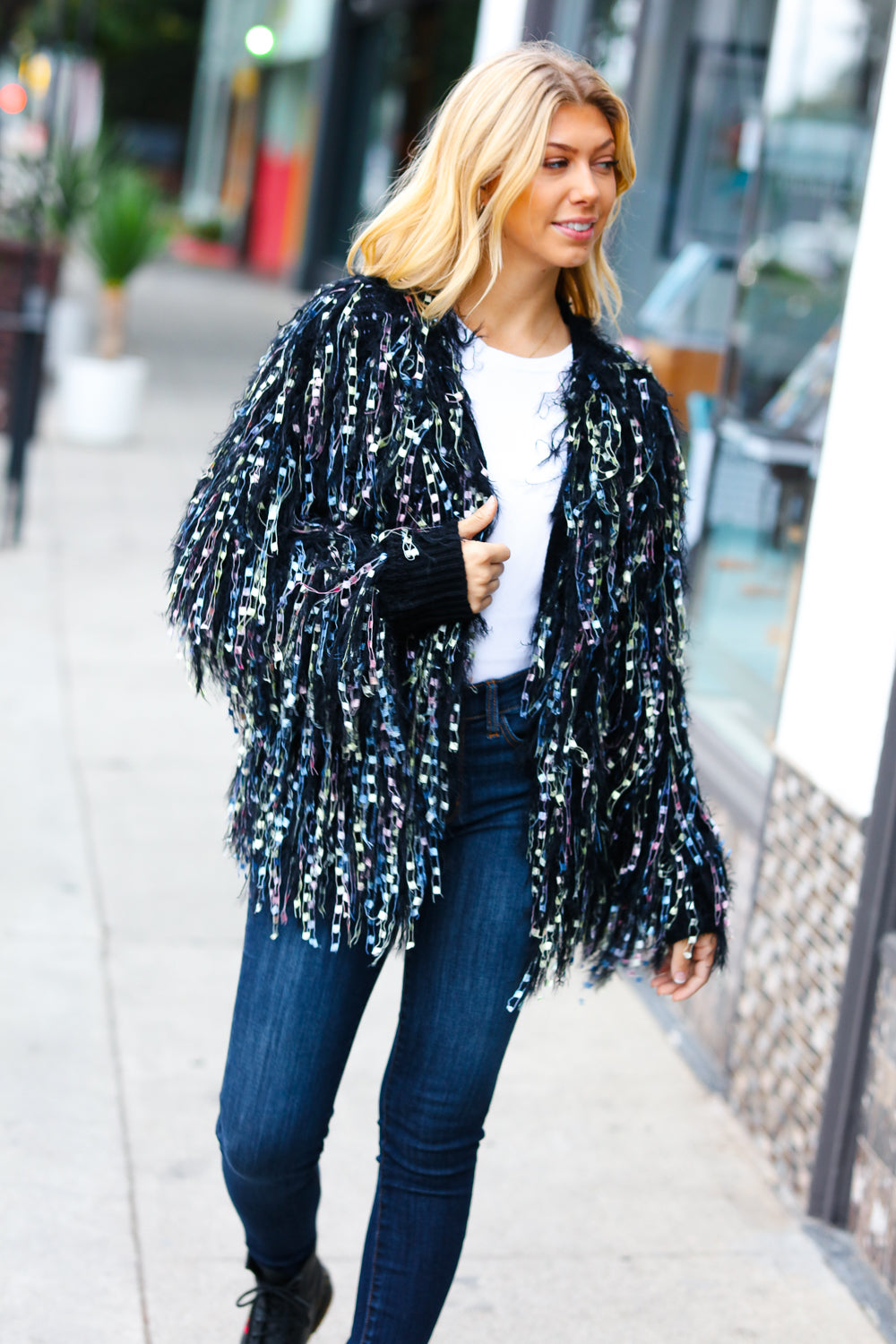 Dazzling Black & Multicolor Fuzzy Fringe Knit Cardigan