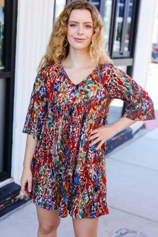 Day Dreaming Burgundy Floral Print V Neck Babydoll Dress