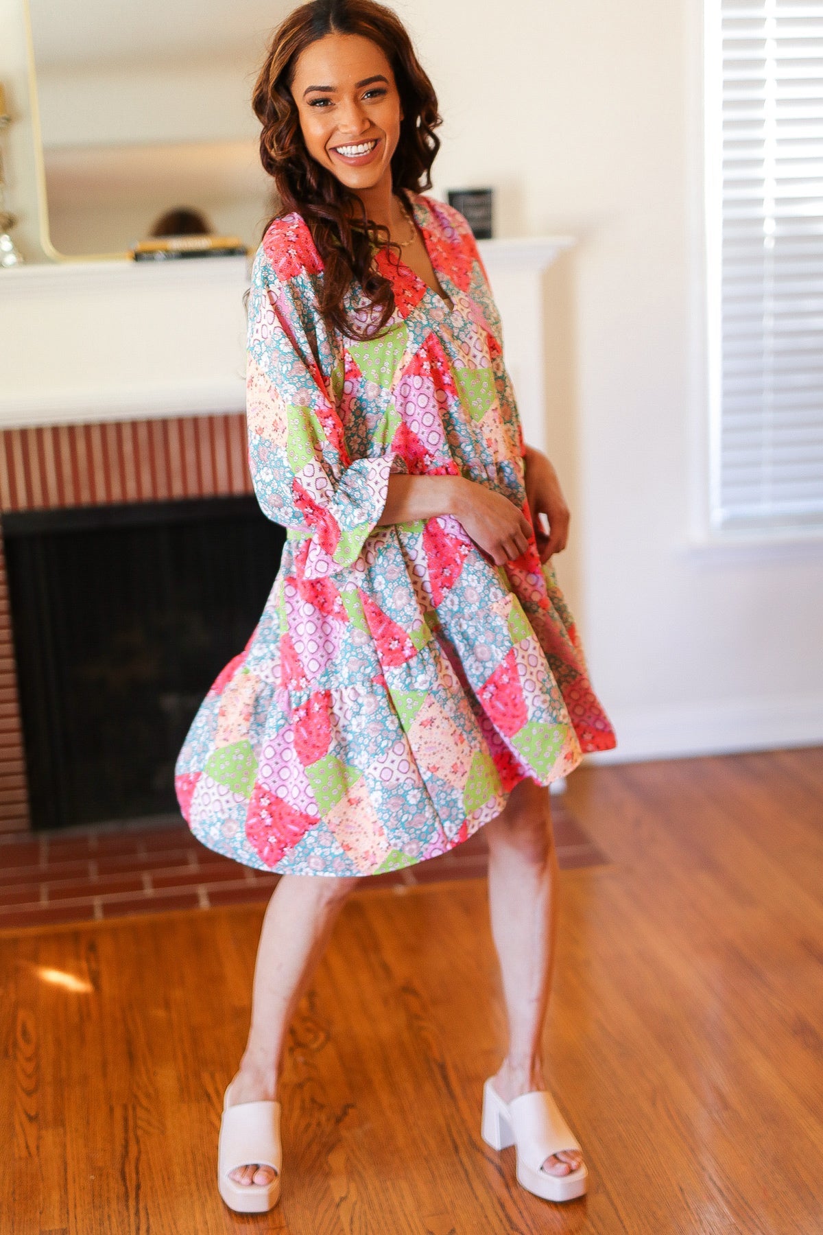 Look Of Love Lime & Coral Patchwork Print V Neck Dress