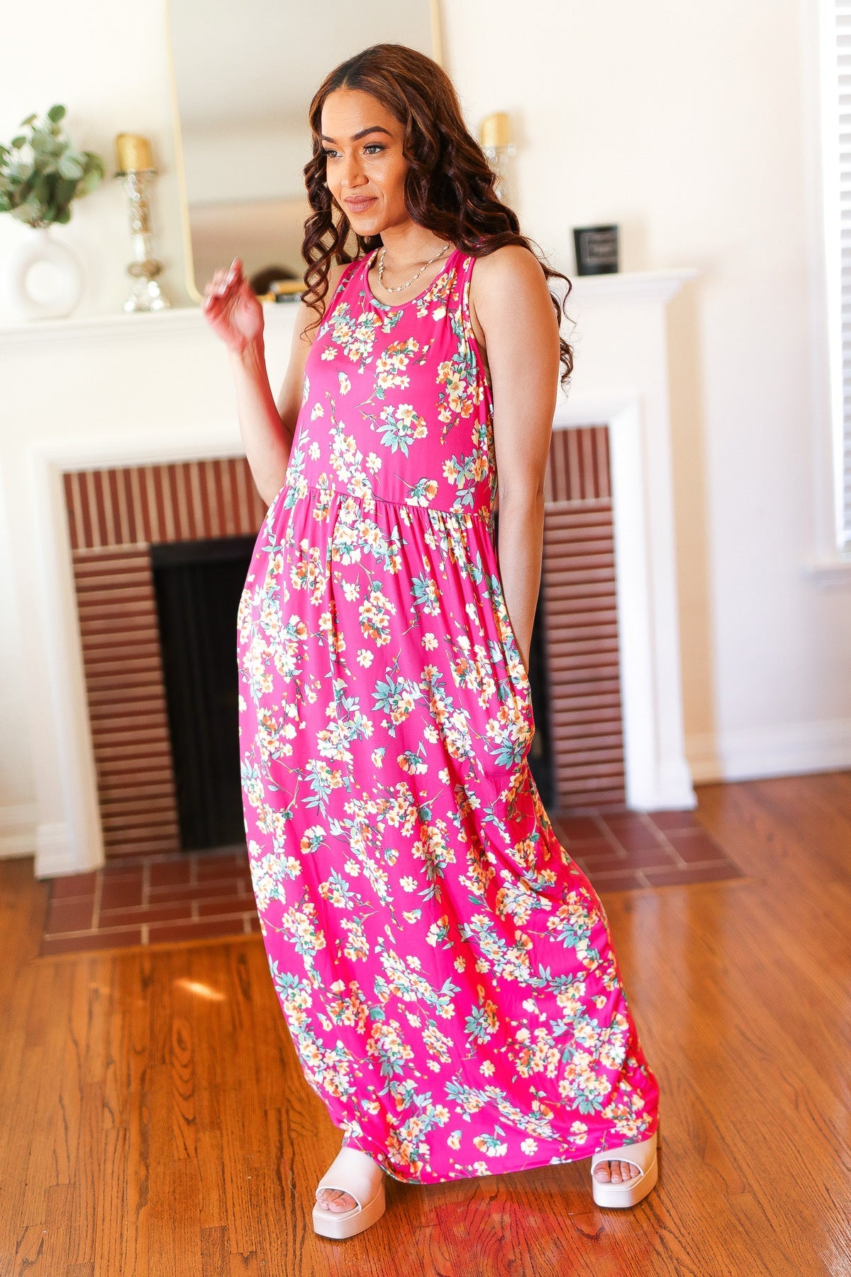 Pink Floral Print Fit and Flare Sleeveless Maxi Dress