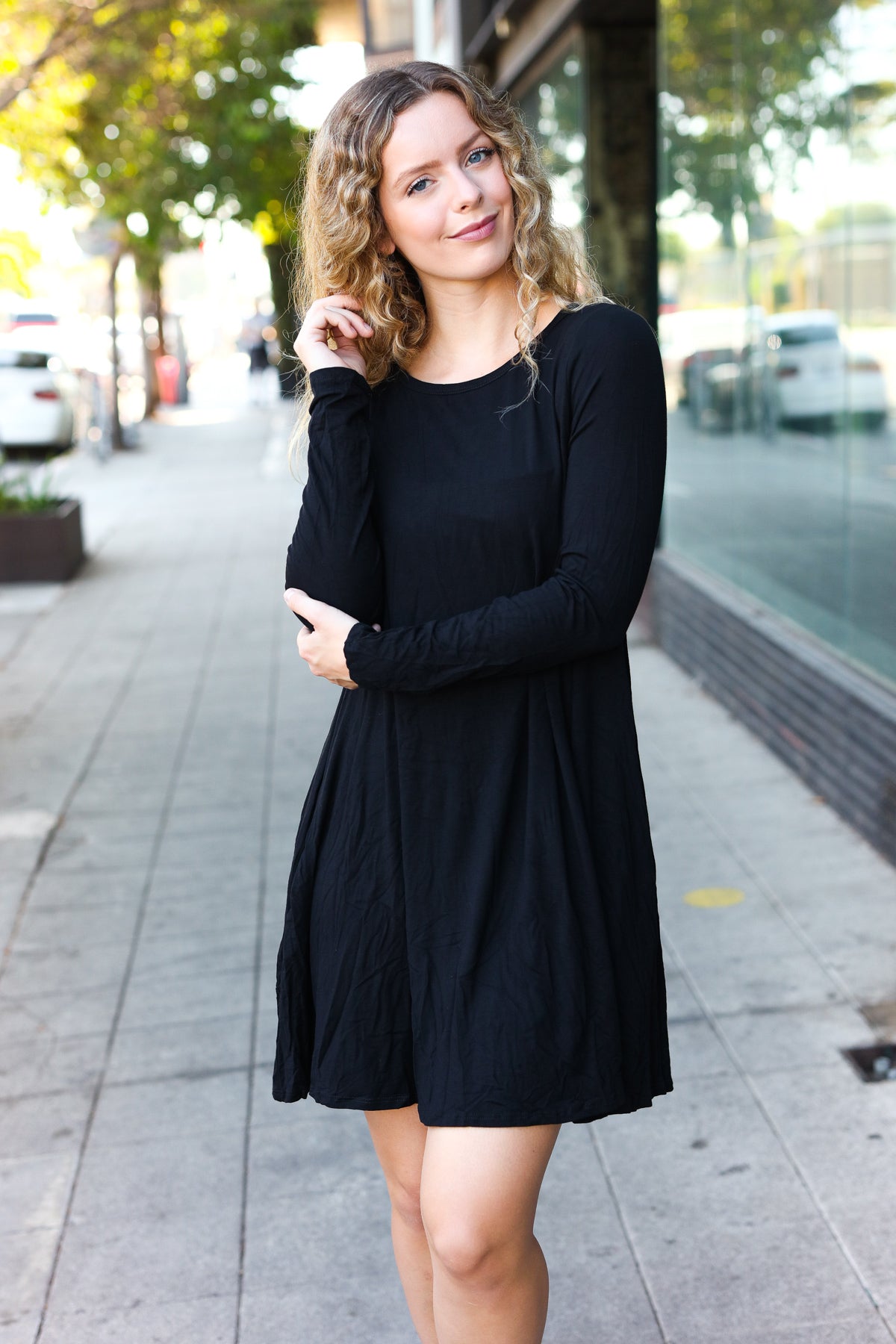 Classic Elegance Black Long Sleeve Shift Knit Dress