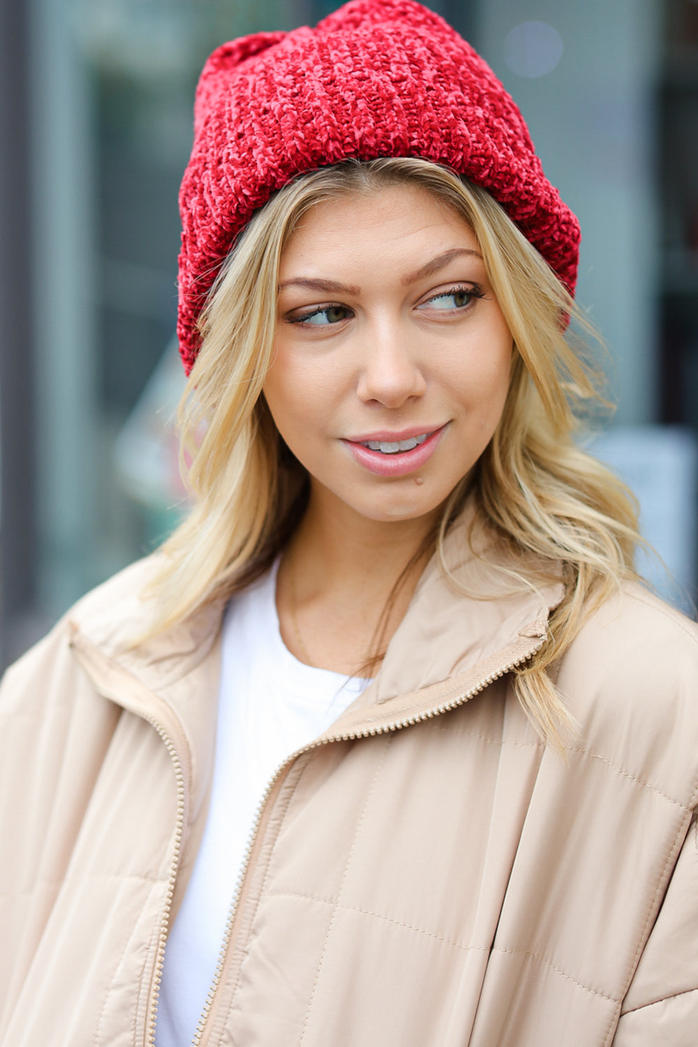 Cranberry Knit Velvet Chenille Fold Over Beanie