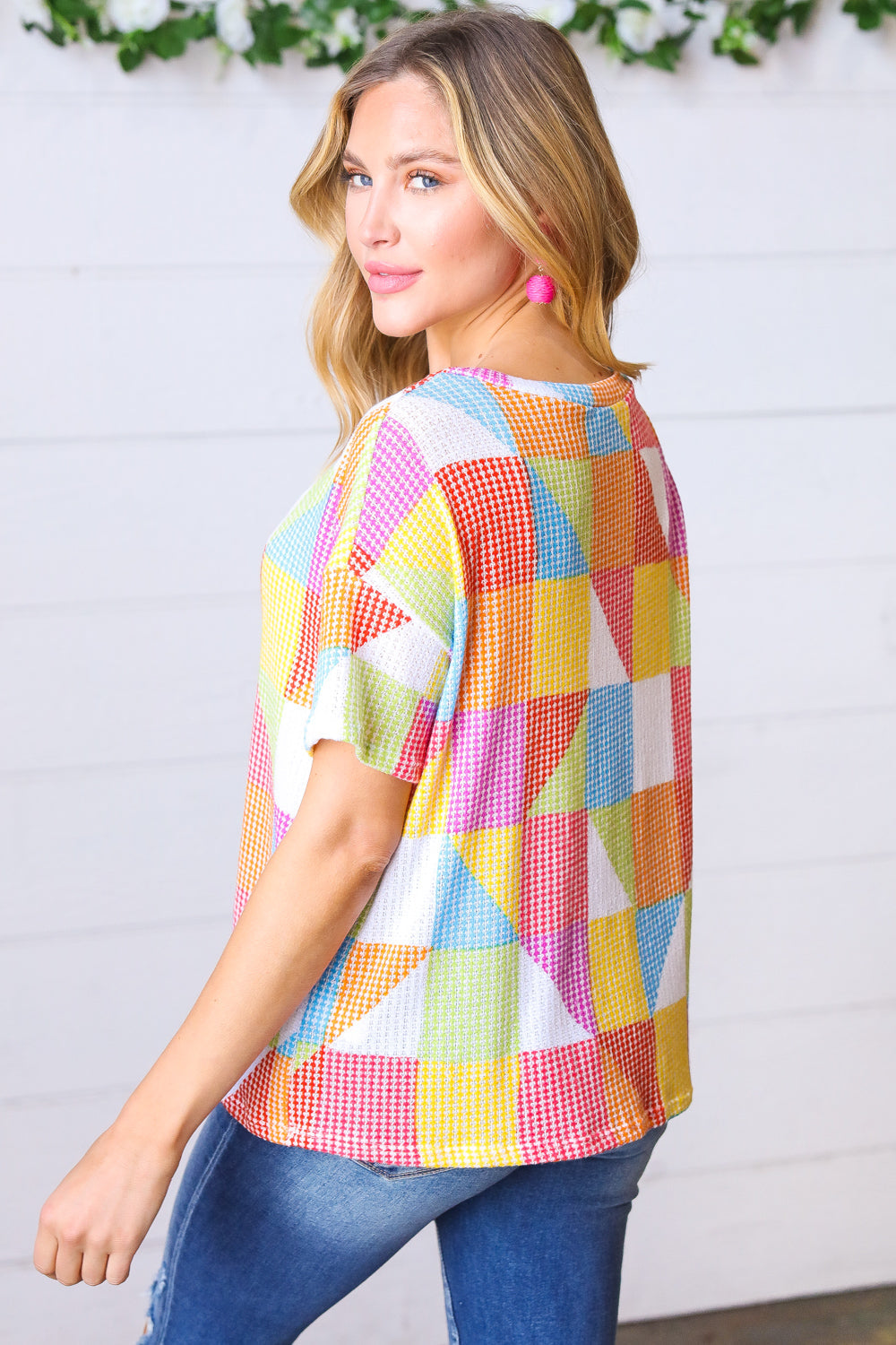 Multicolor Geometric Textured Knit Top