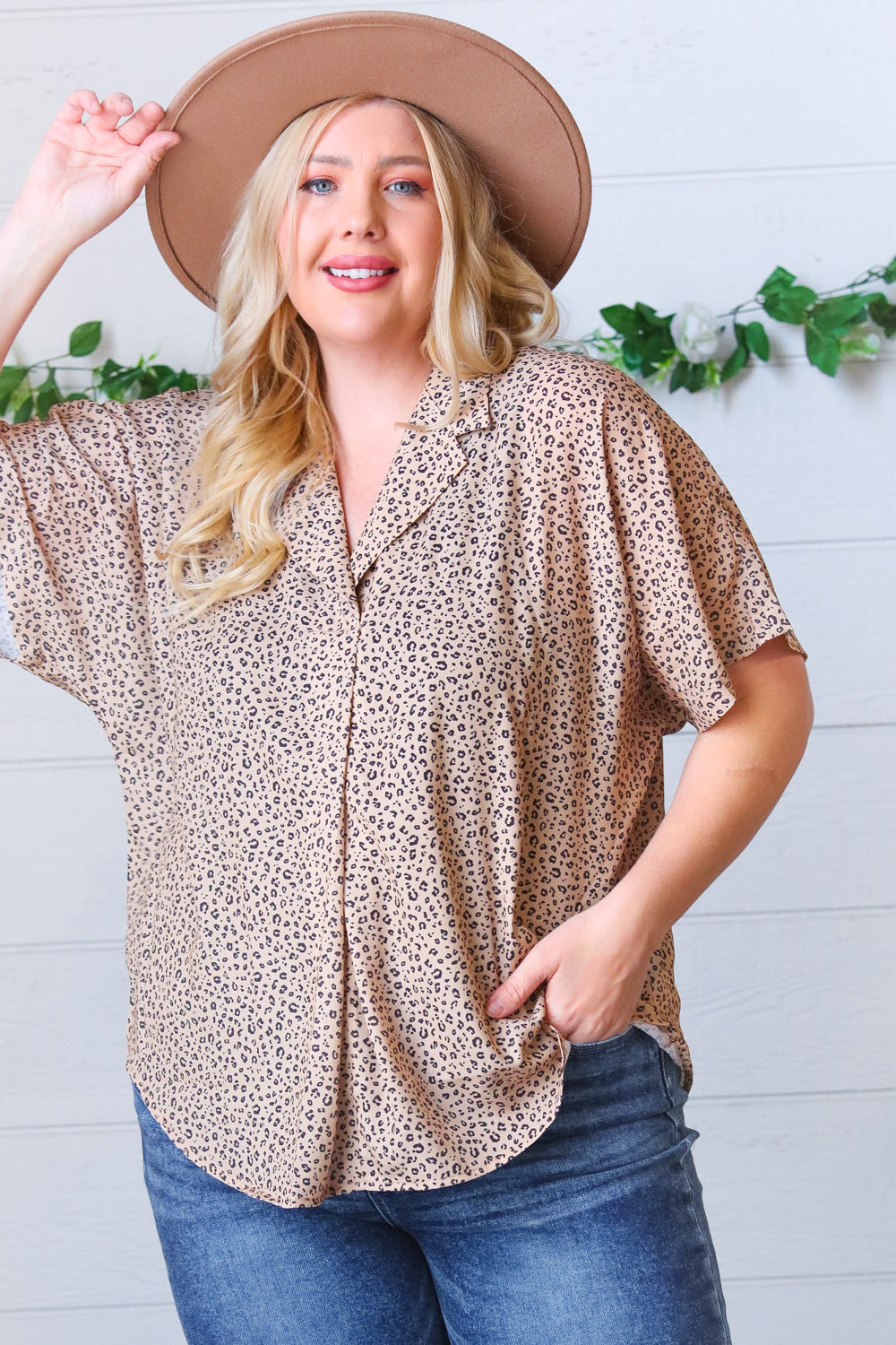 Cheetah Animal Print Collared V Neck Woven Dolman Top