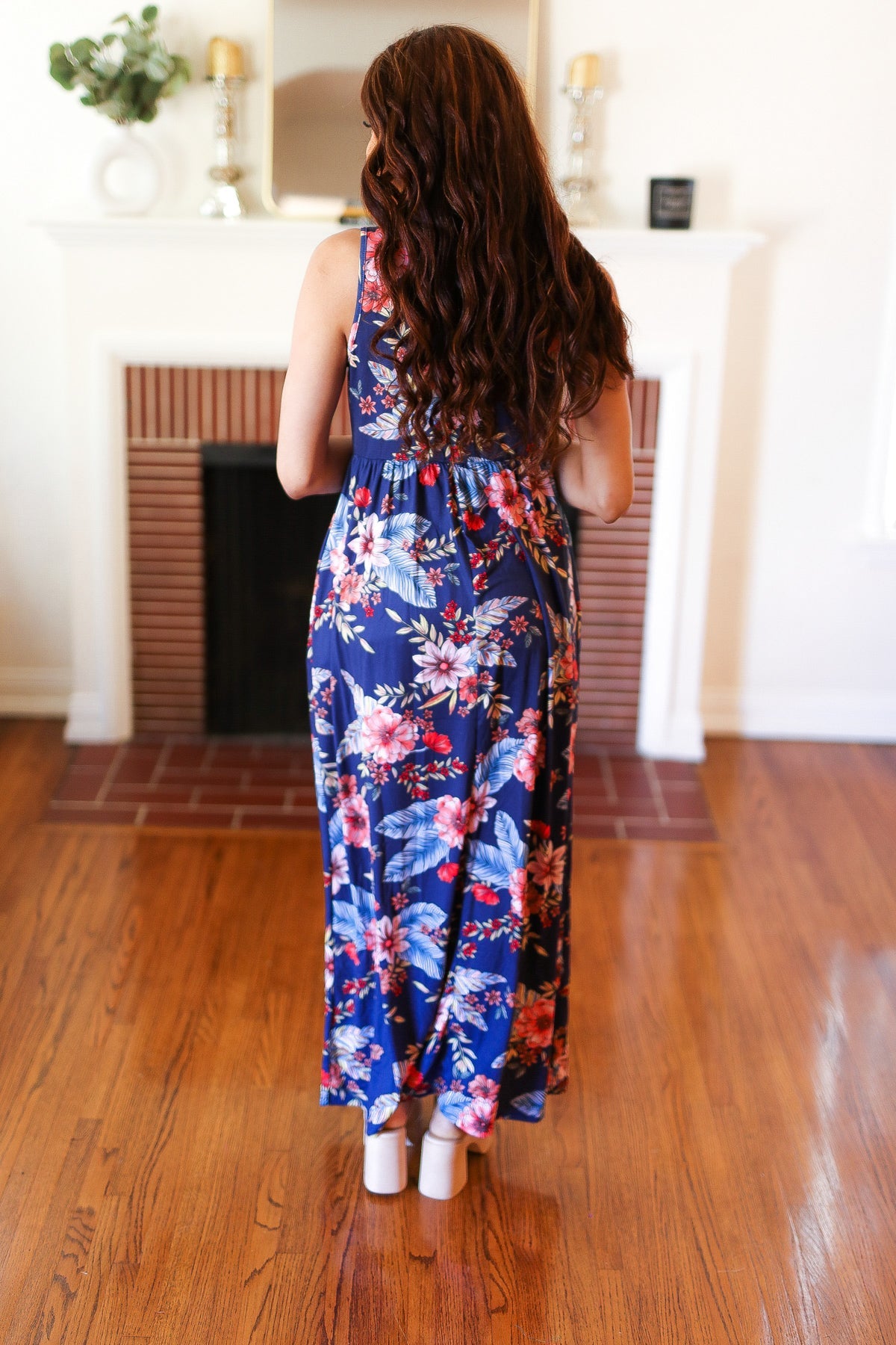 Navy Floral Fit and Flare Sleeveless Maxi Dress