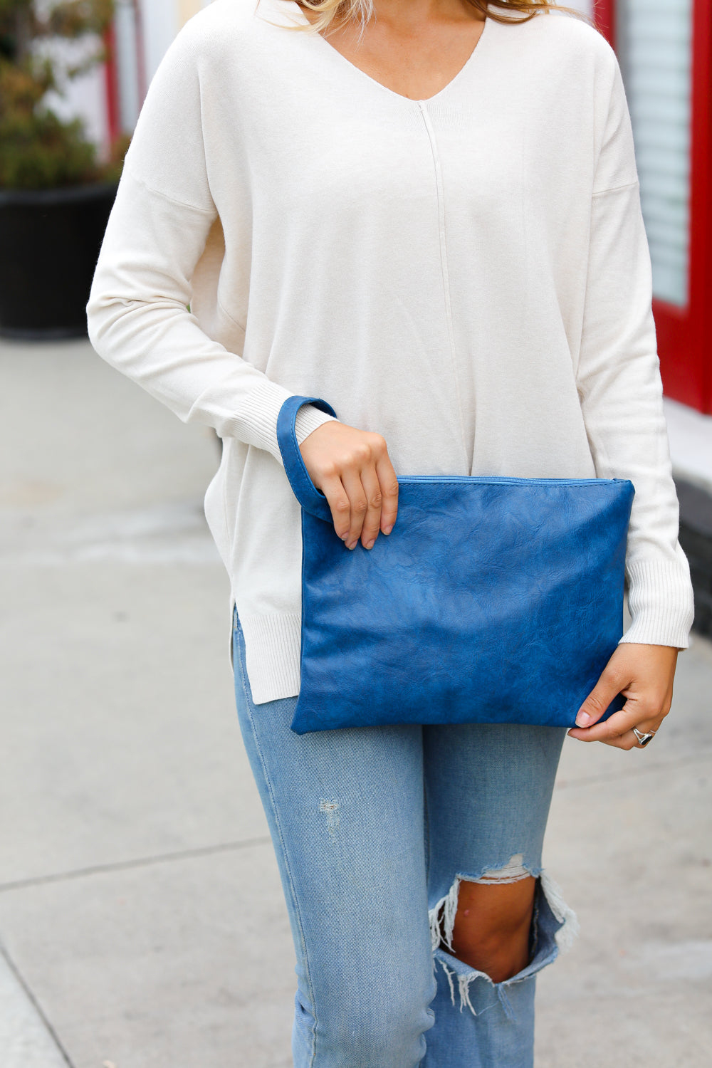 Cobalt Faux Leather Clutch Handle Bag