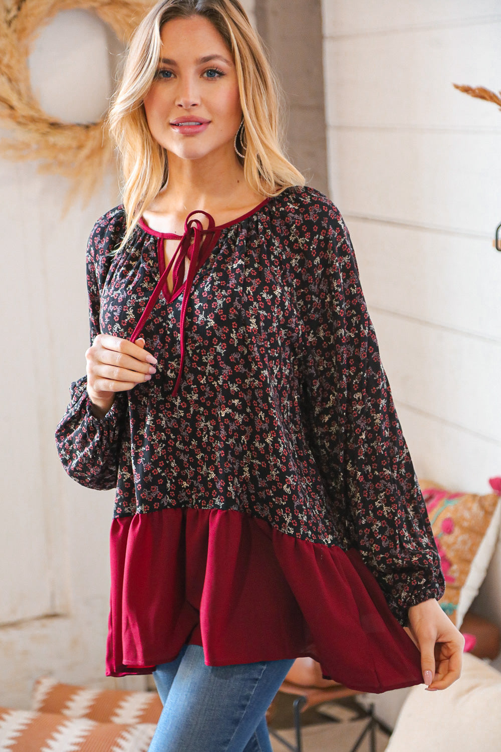 Wine Ditzy Floral Front Tie Ruffle Hem Top