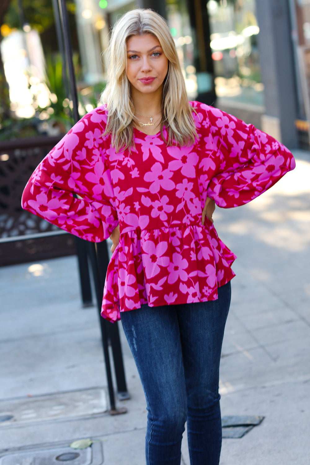 Red & Magenta Floral V Neck Woven Babydoll Top