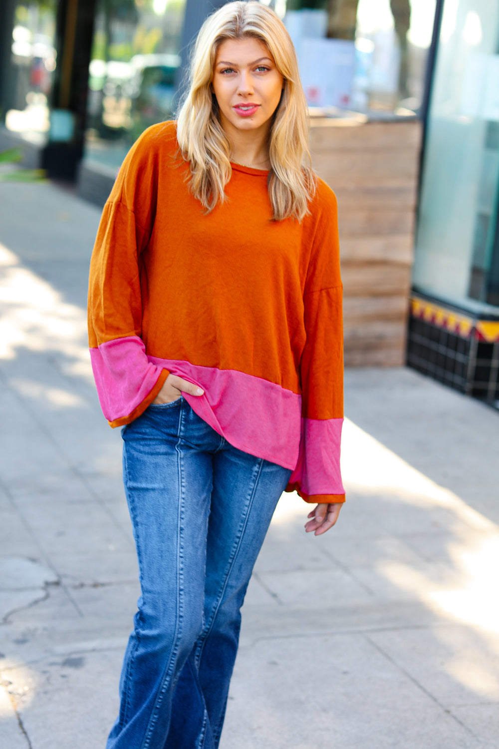 Fuchsia & Rust Color Block Hacci Top