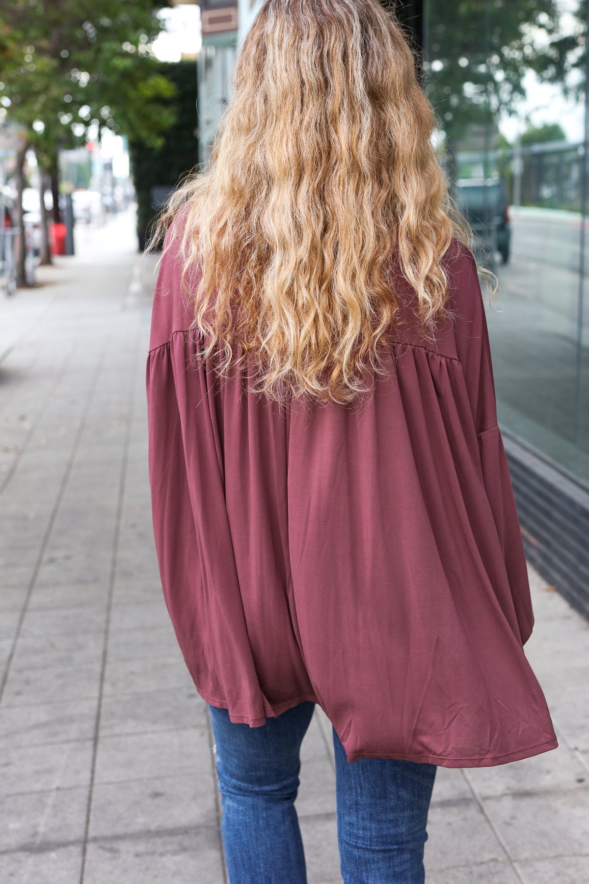 Casual Chic Wine V Neck Yoke Modal Knit Oversized Top