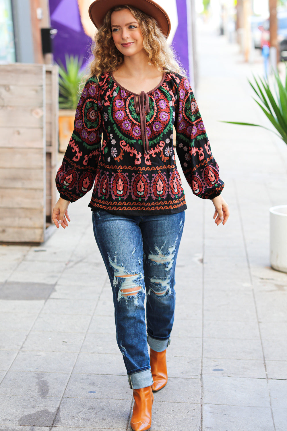 Take The Leap Black & Mauve Border Print Boho Tie Top