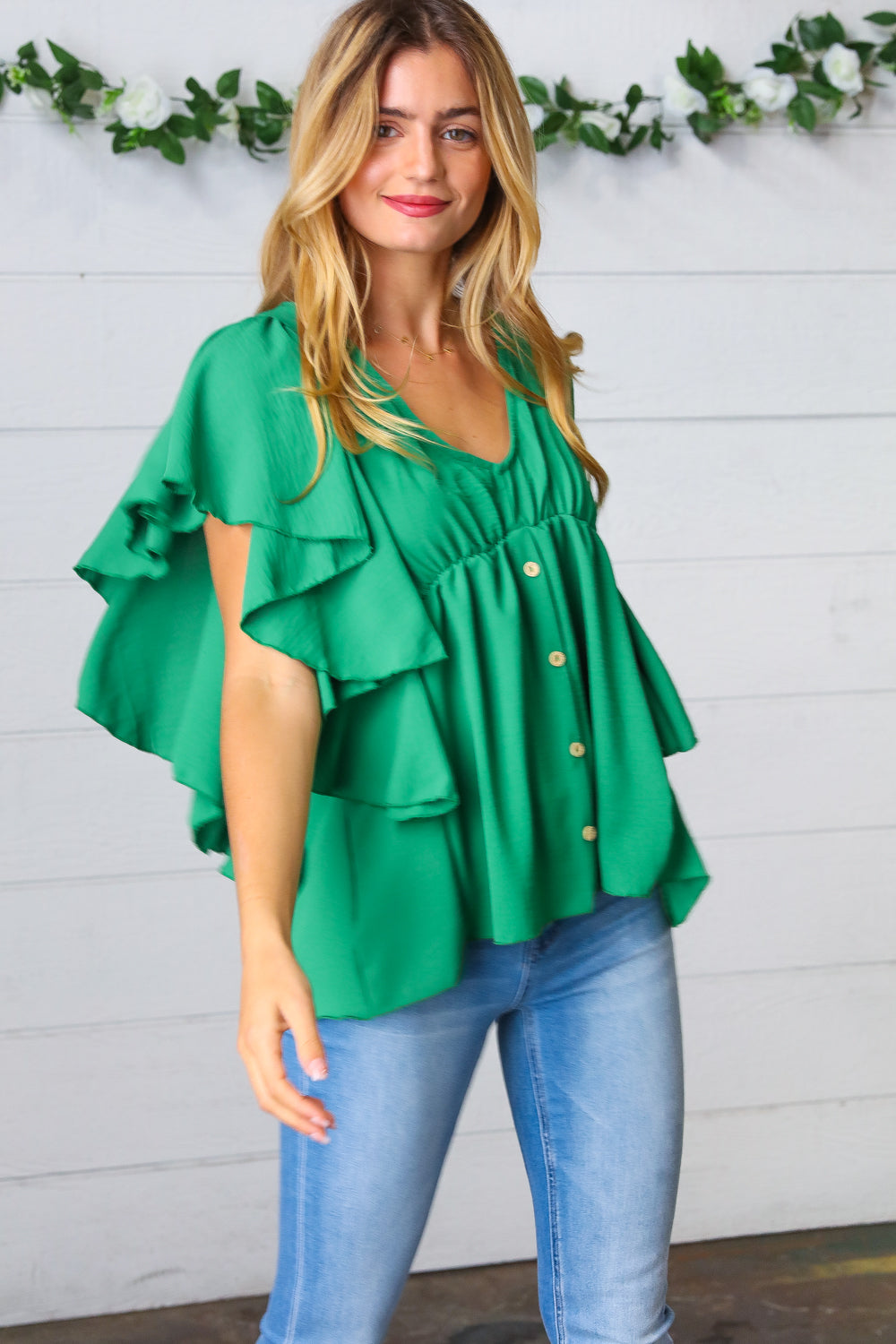 Sea Green Button Ruffle Woven Top