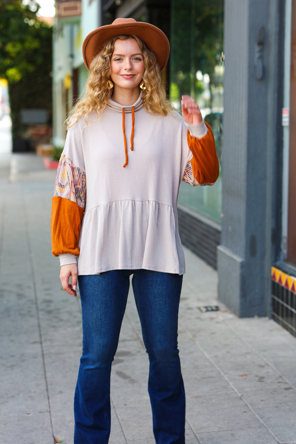 Taupe & Rust Turtleneck Babydoll Terry Top