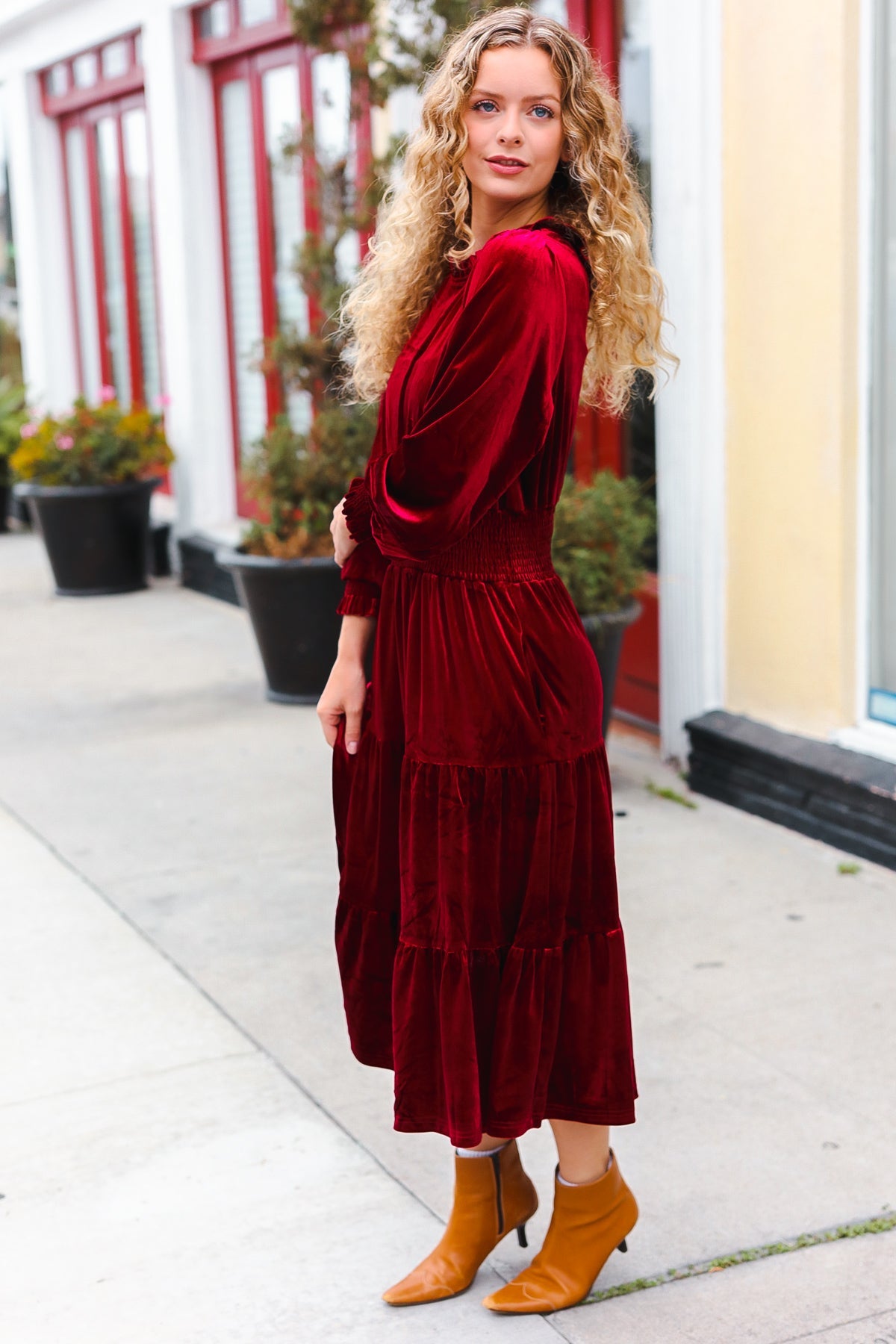 Holiday Dreaming Burgundy Velvet Mock Neck Smocked Waist Dress