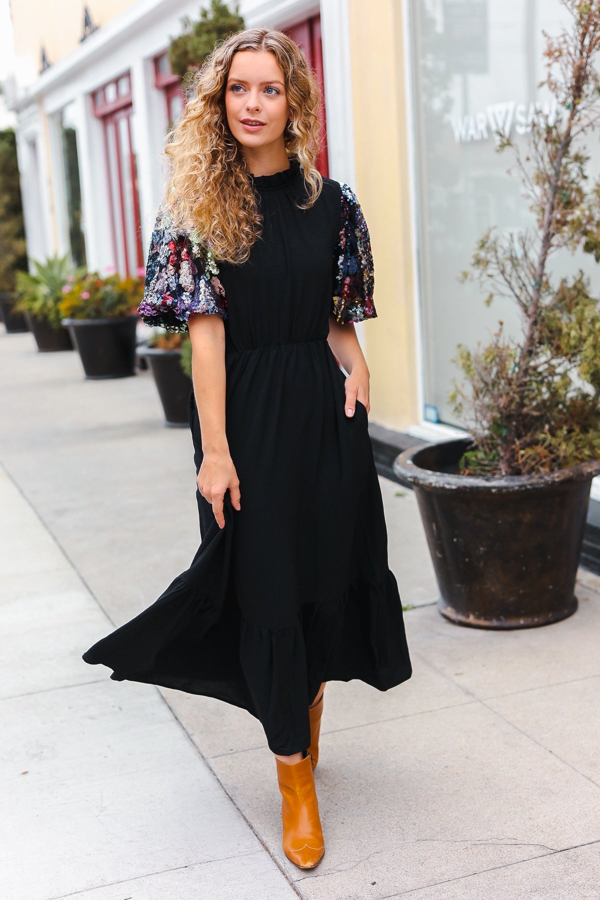 Black Floral Sequin Puff Sleeve Mock Neck Tiered Maxi Dress