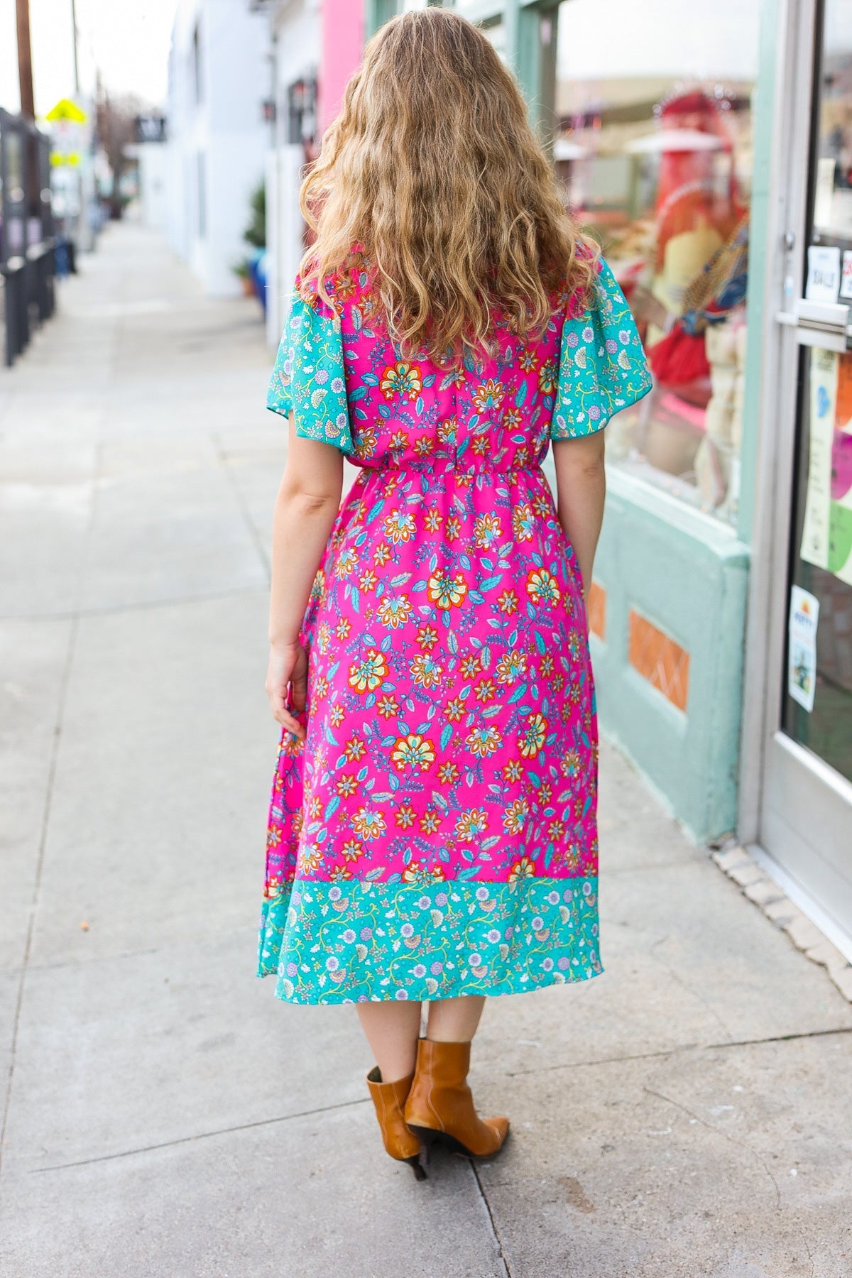 Charming Fuchsia & Mint Floral Frill Mock Neck Flutter Sleeve Midi Dress