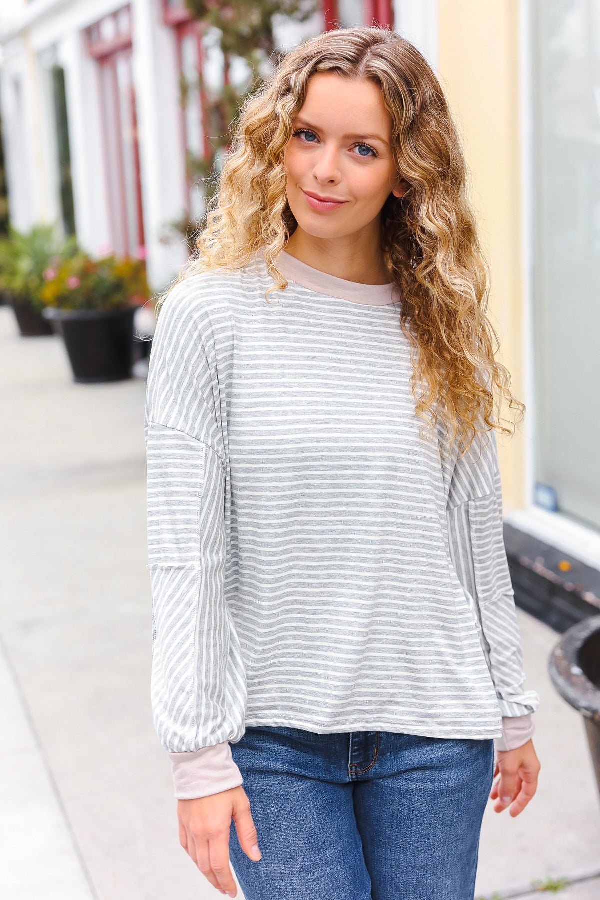 Spread Joy Grey & Ivory Striped Oversized Top