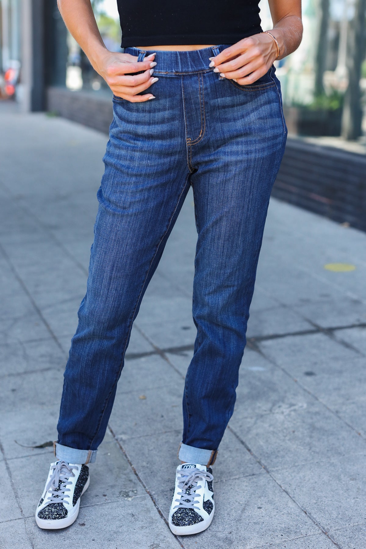 Judy Blue Dark Wash Pull On Cuffed Slim Fit Jeans