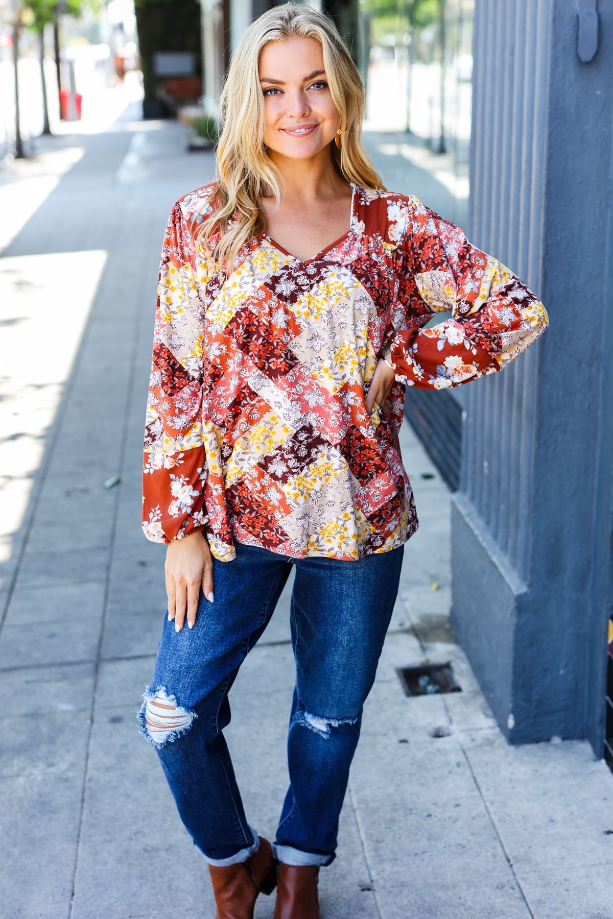 Rust Harvest Floral Patchwork V Neck Blouse