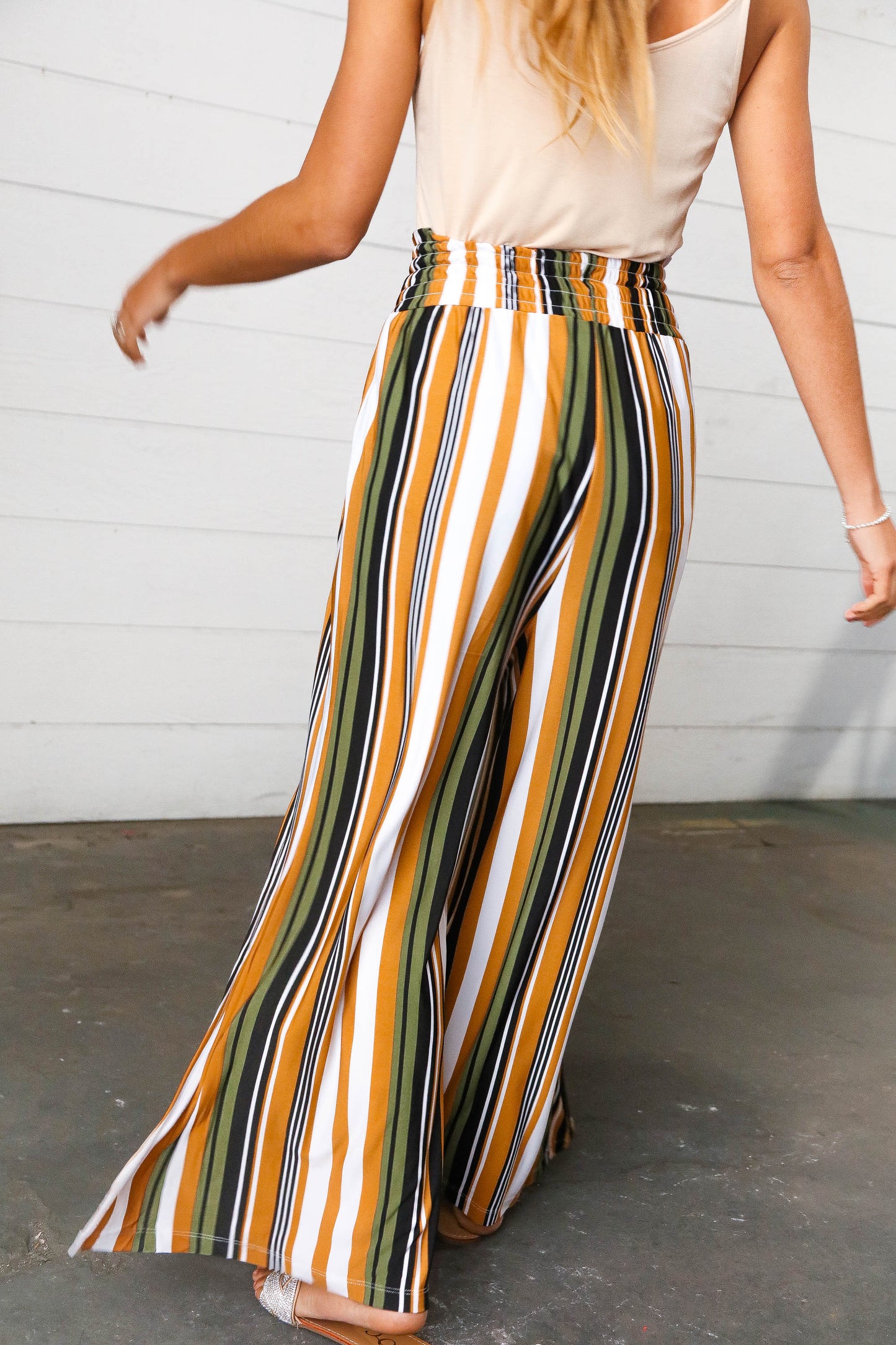 Tan & Green Vertical Stripe Smock Waist Side Slit Palazzo Pants