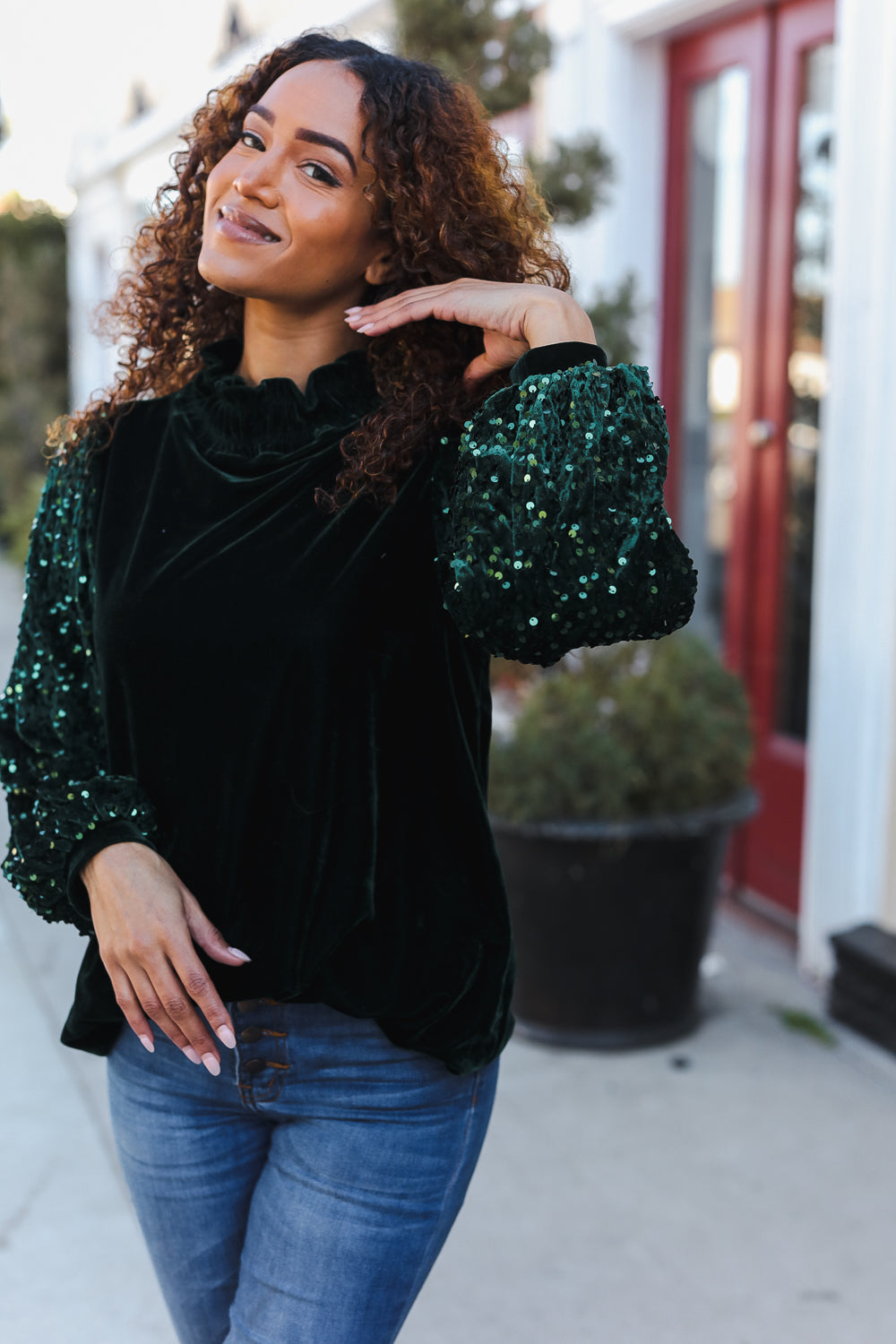 Under the Lights Green Velvet & Sequin Frill Mock Neck Top