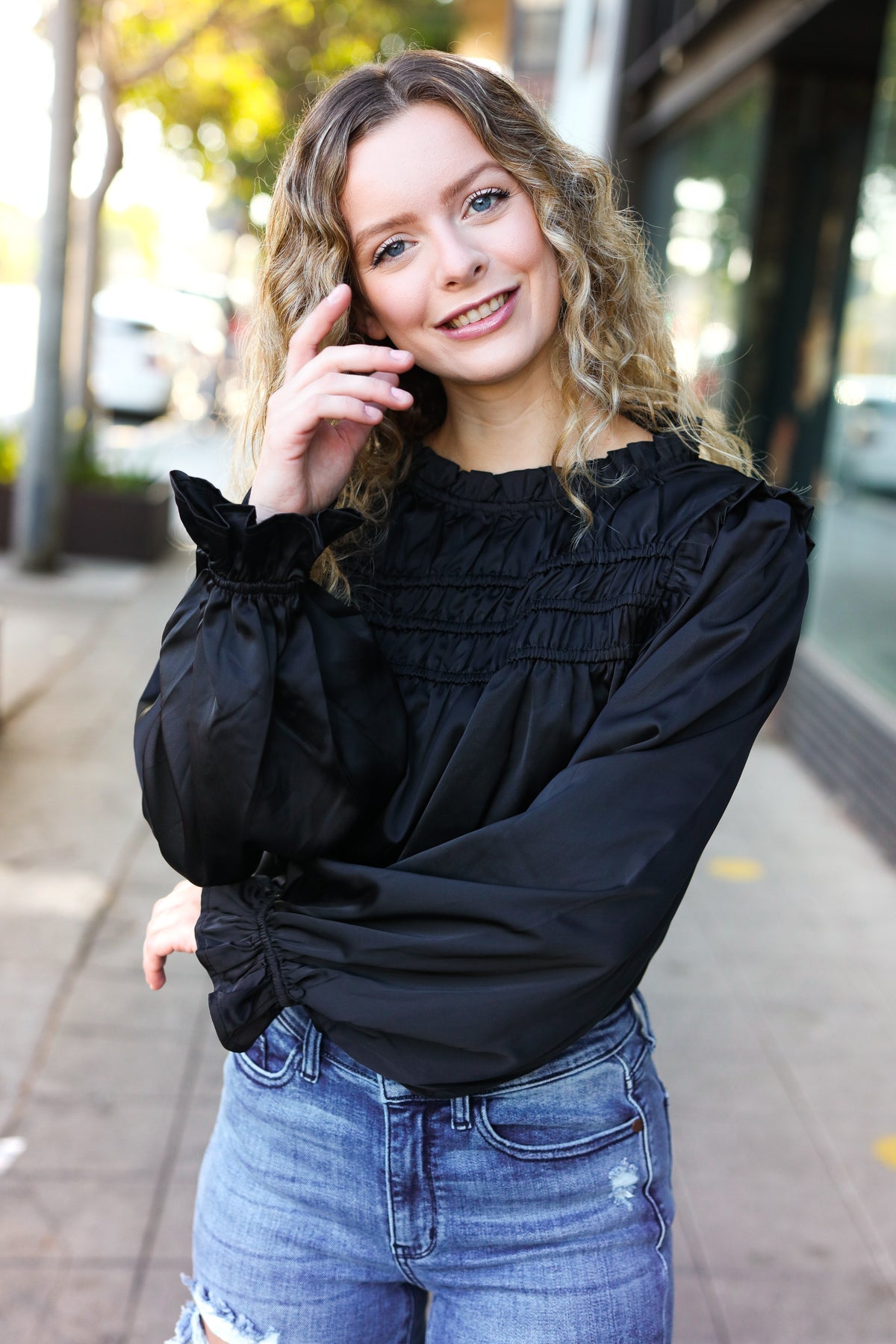 Be Your Best Black Satin Shirred Yoke Frilled Mock Neck Top