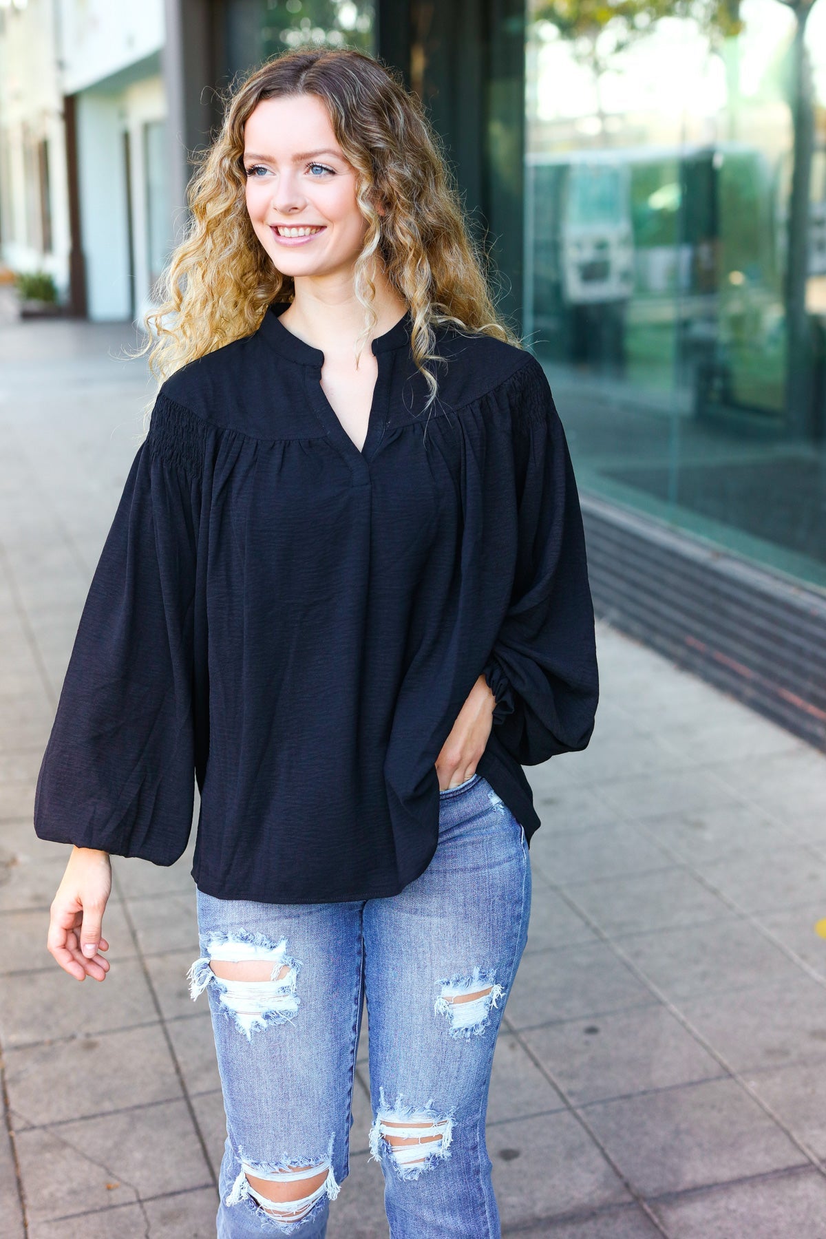 Boho Vibes Black Notched Neck Smocked Bubble Sleeve Top