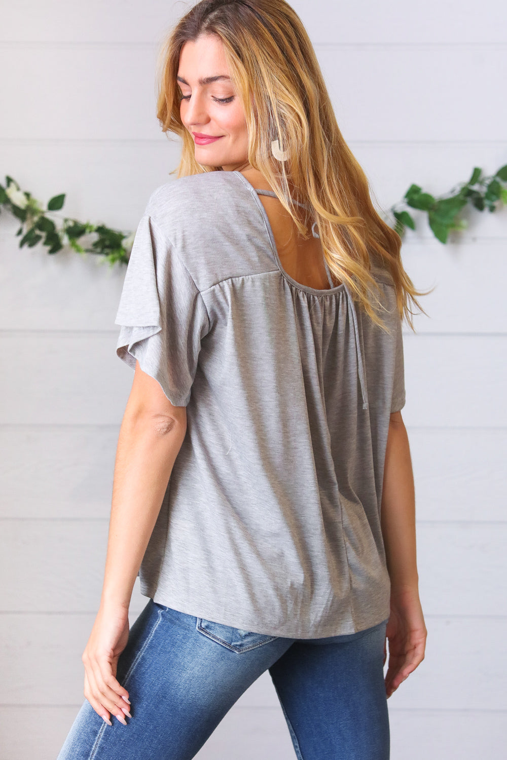 Grey Tie Back Crochet Square Neck Top