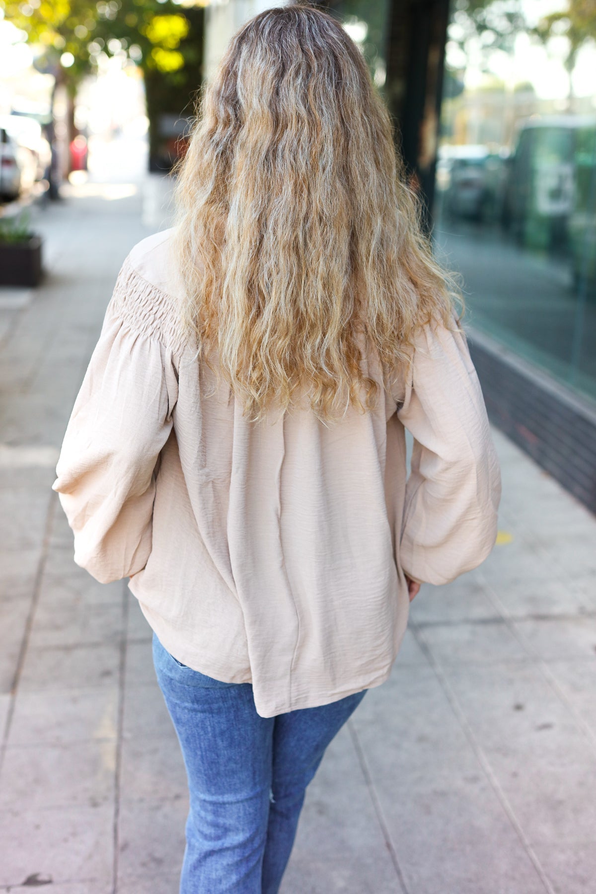 Boho Vibes Taupe Notched Neck Smocked Bubble Sleeve Top