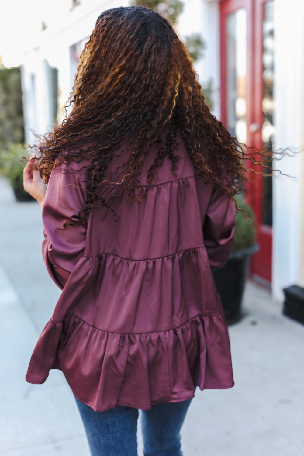 Perfectly You Burgundy Button Down Tiered Babydoll Satin Top