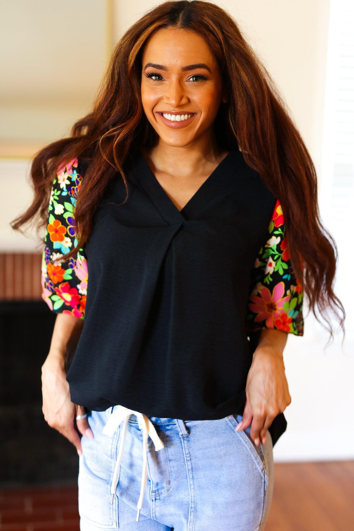 Eyes On You Black Floral Puff Sleeve V Neck Top