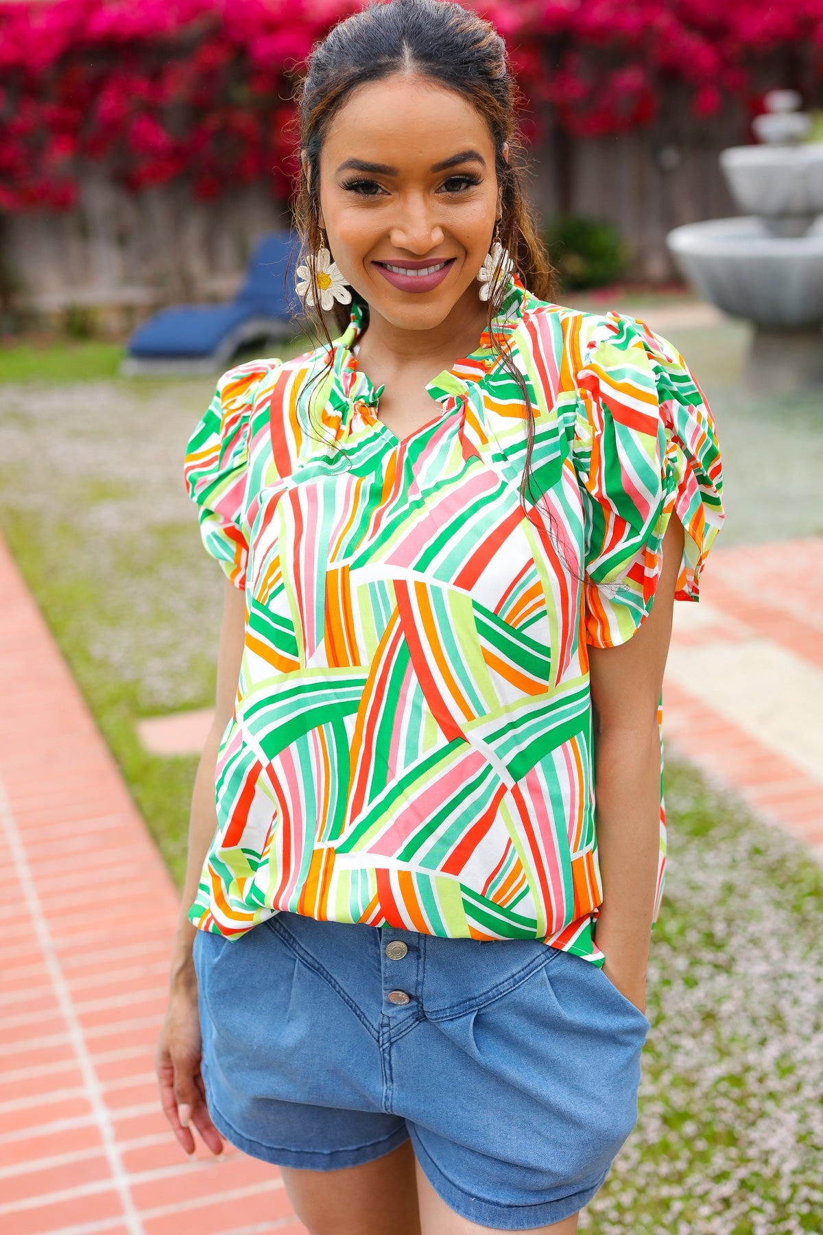 Hello Beautiful Green & Orange Geo Frill Notch Neck Puff Sleeve Top