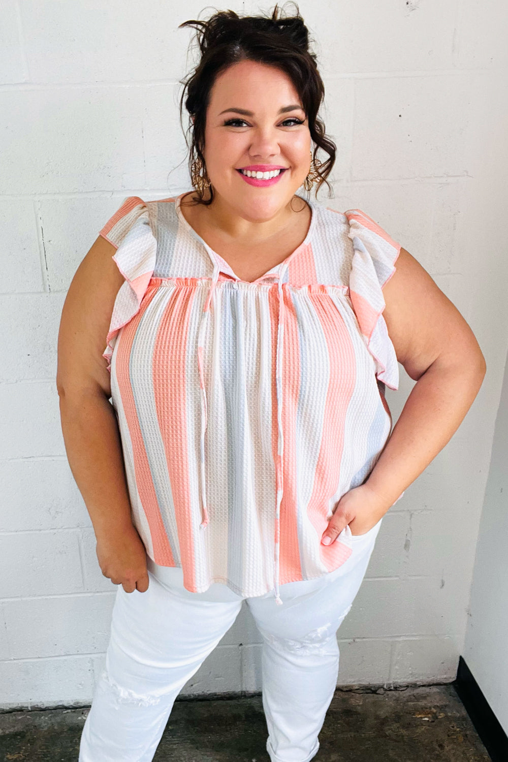 Coral & Light Blue Stripe Waffle Tie Neck Top