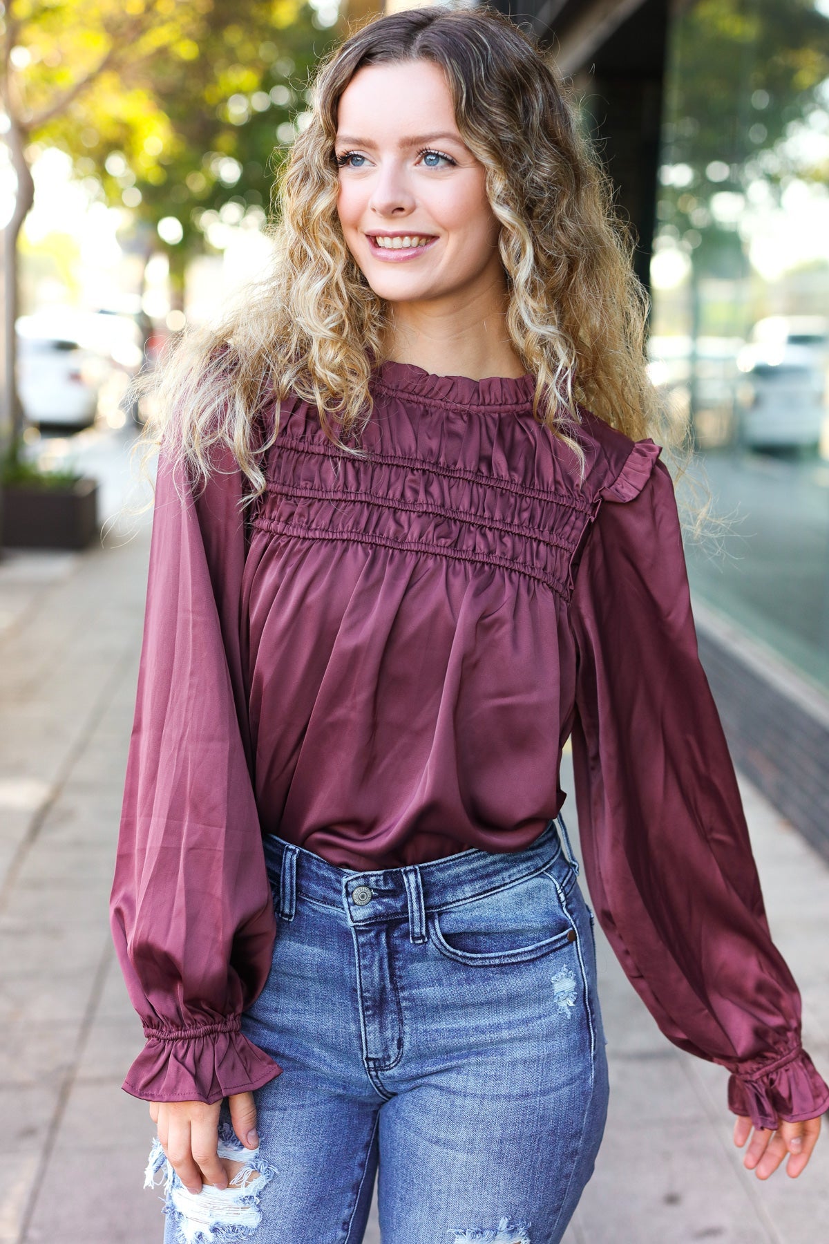 Be Your Best Wine Satin Shirred Yoke Frilled Mock Neck Top