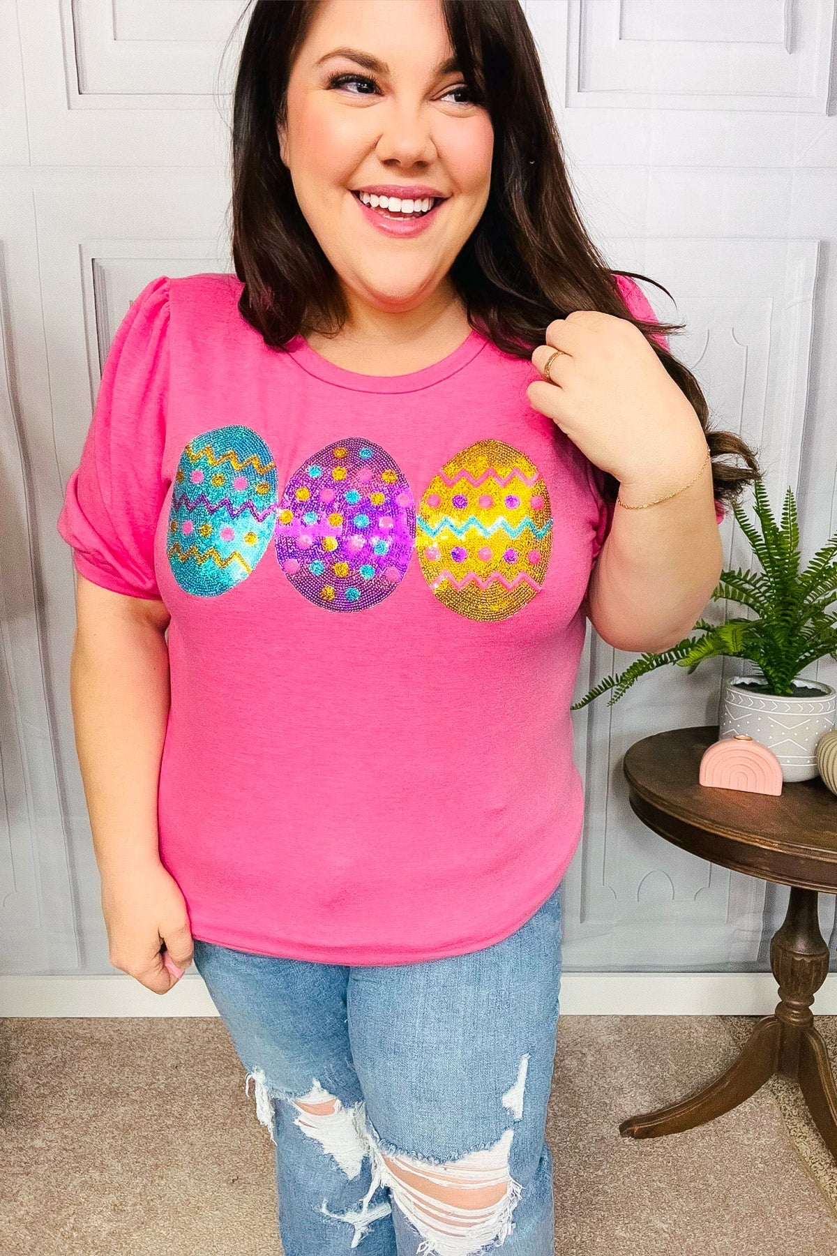 Turn Heads Hot Pink Sequin Easter Egg Terry Top