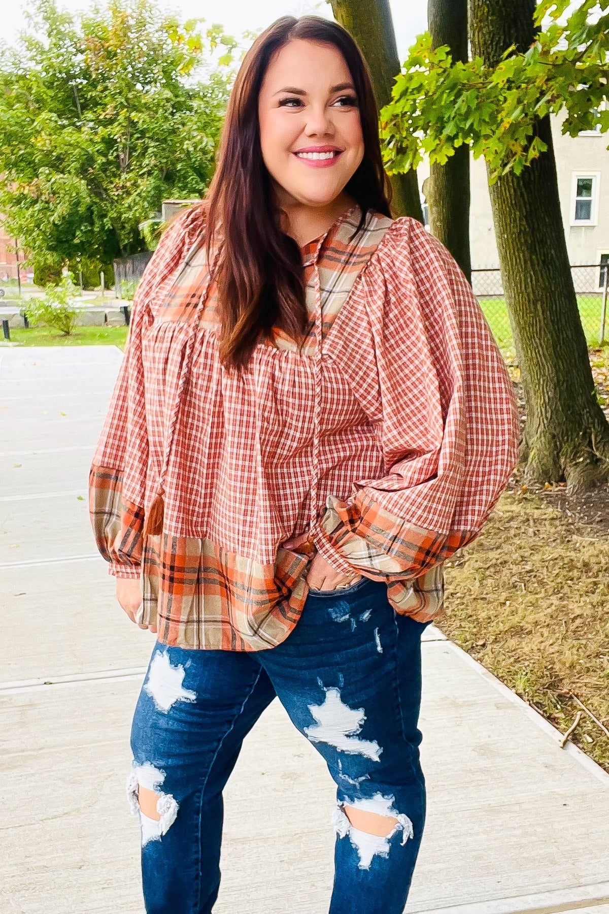 Under Your Spell Rust Plaid Color Block Notch Neck Top