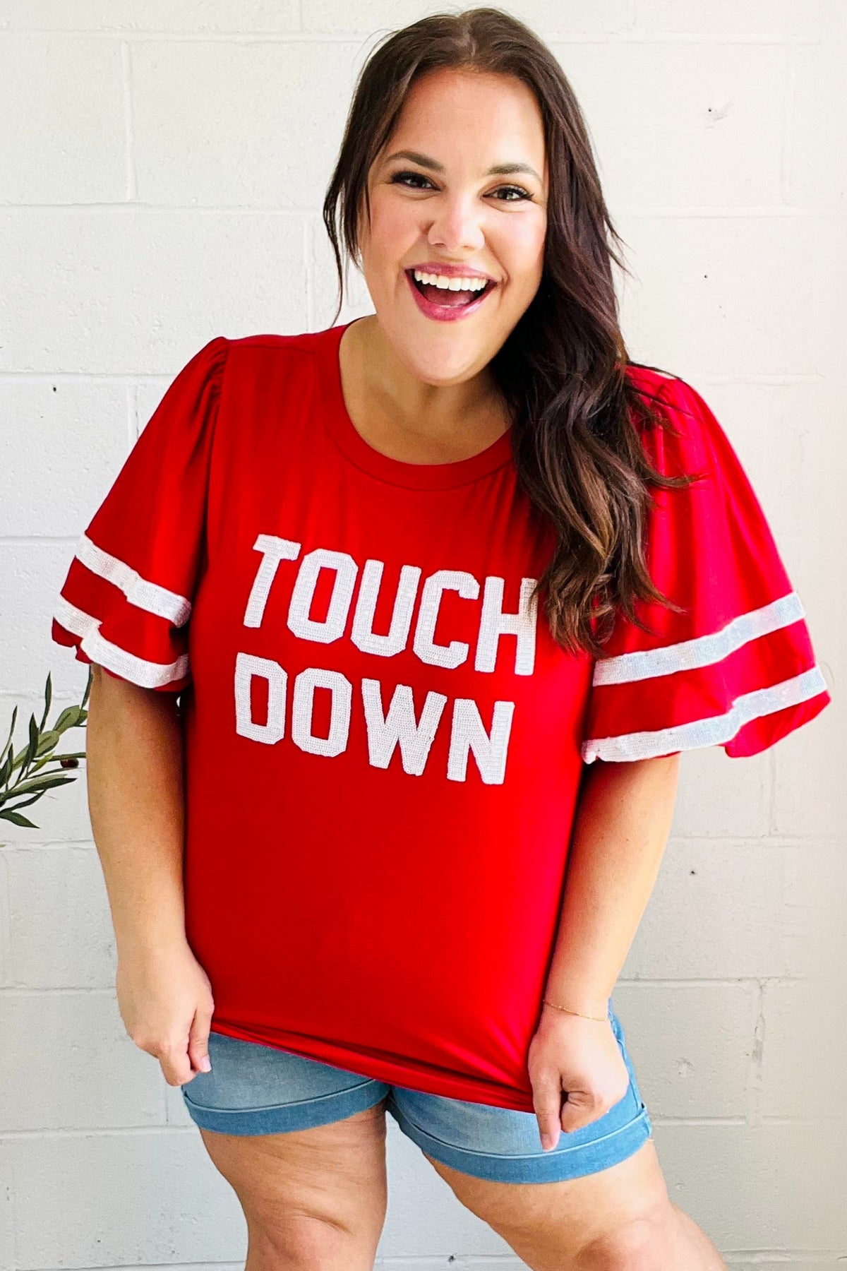 Stand Out Red "TOUCHDOWN" Sequin Bubble Sleeve Game Day Top