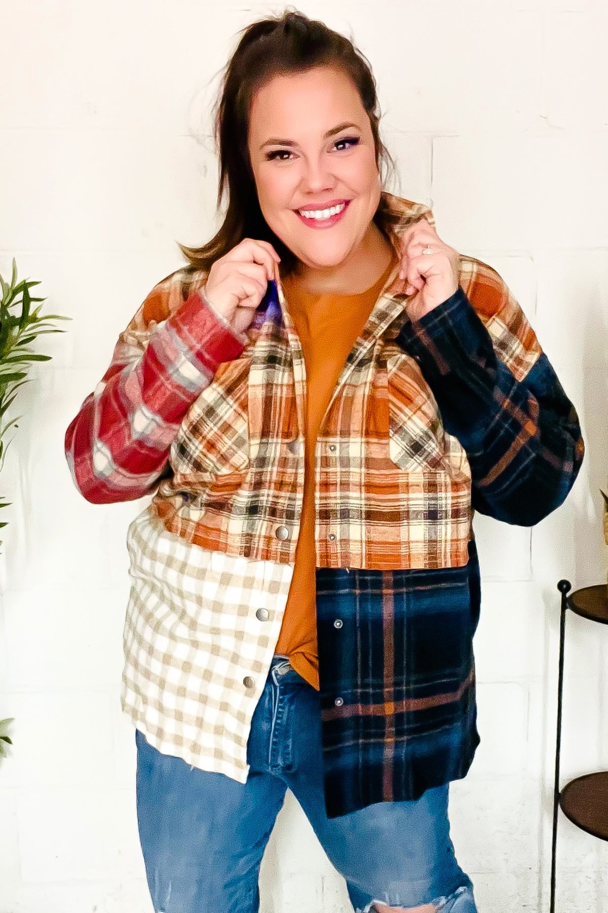 Catch Glances Muticolor Plaid Color Block Snap Button Shacket