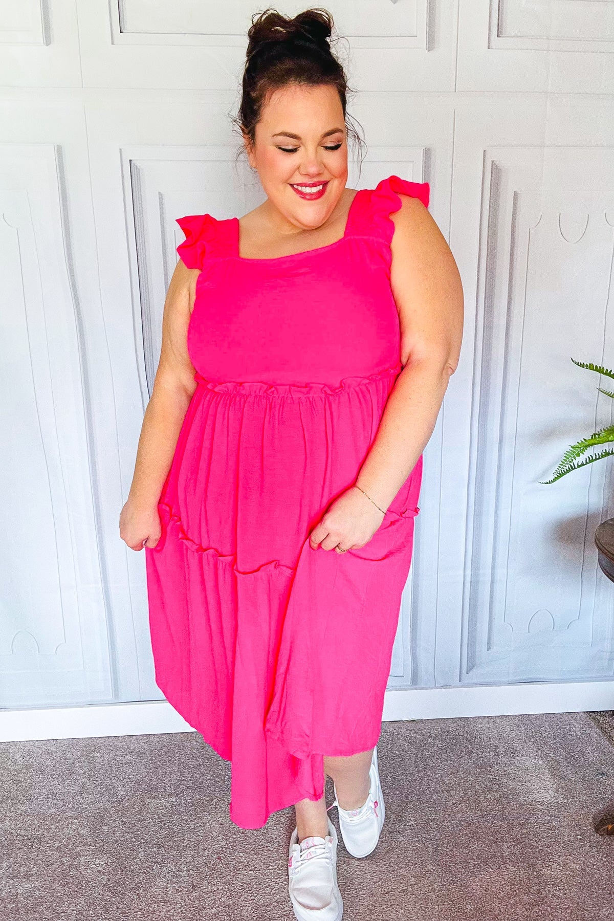 Lots To Love Fuchsia Smocked Flutter Sleeve Tiered Midi Dress