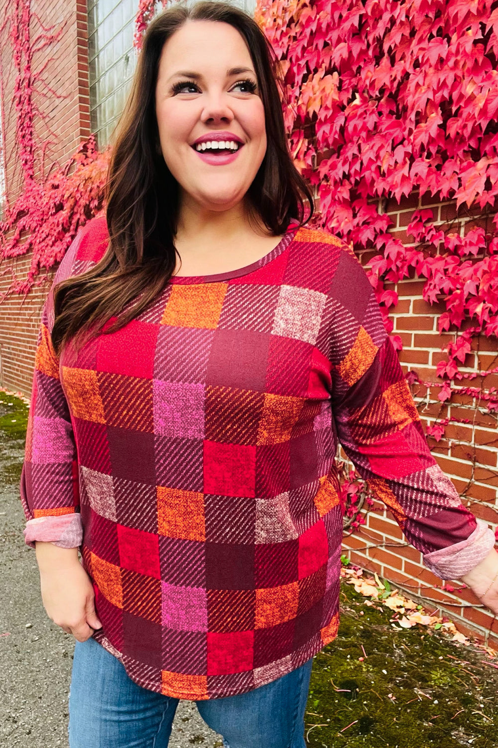 You Got This Burgundy Checker Plaid Print Hacci Knit Top