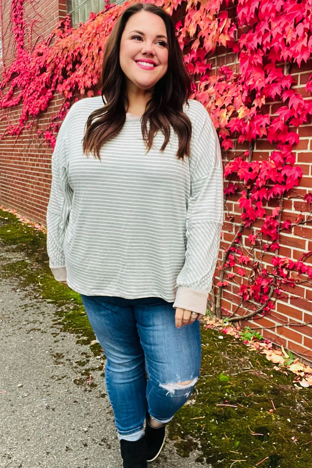 Spread Joy Grey & Ivory Striped Oversized Top