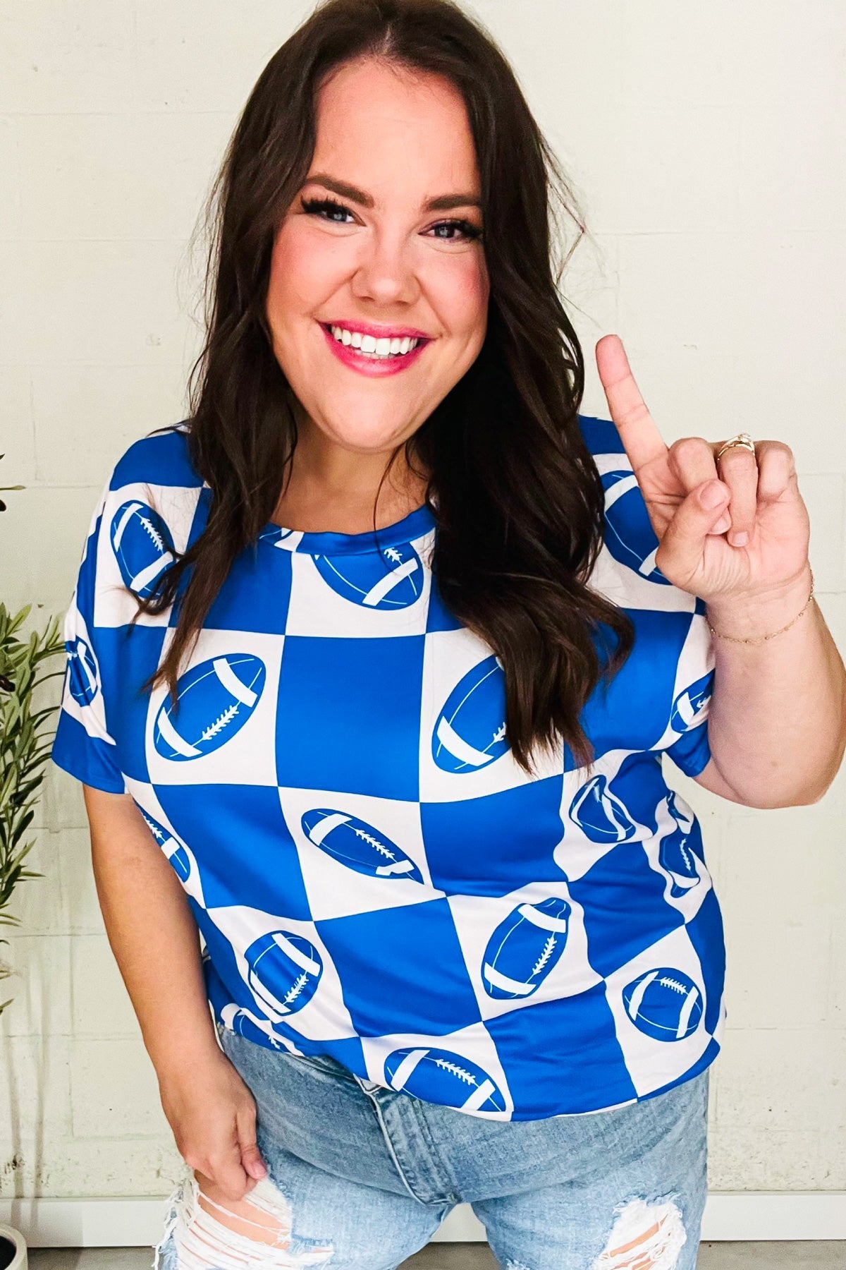 Turn Up The Volume Blue Football Checker Print Top