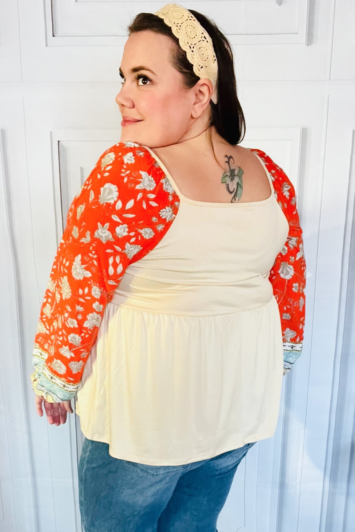 Hello Beautiful Oatmeal & Orange Square Neck Paisley Floral Blouse