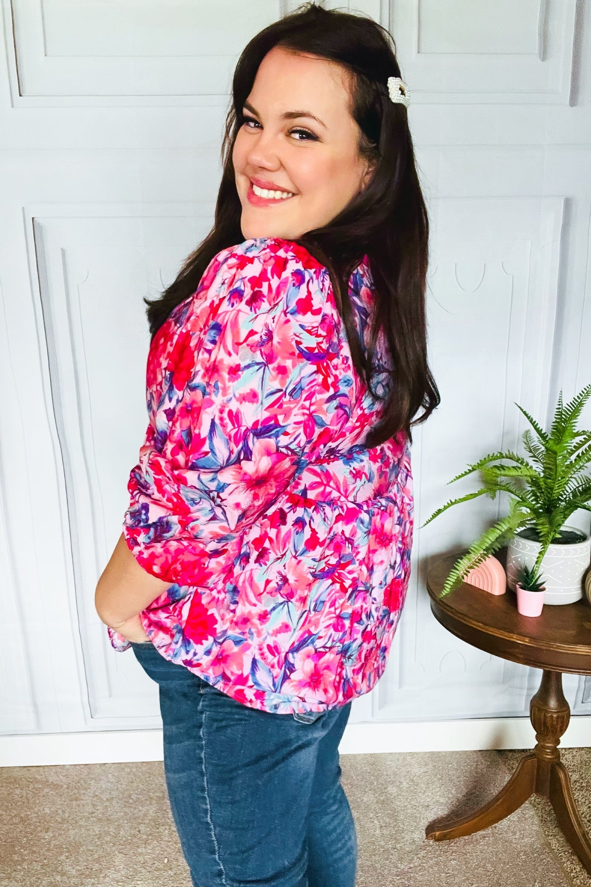 Feeling Femmi Pink & Fuchsia Floral Peplum Woven Top